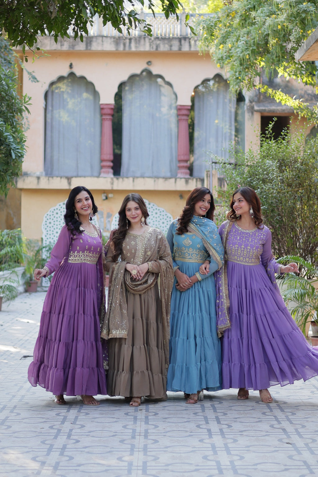 Jamuni, Beige, Sky Blue and Purple Star Georgette Anarkali set with sequins and lace border