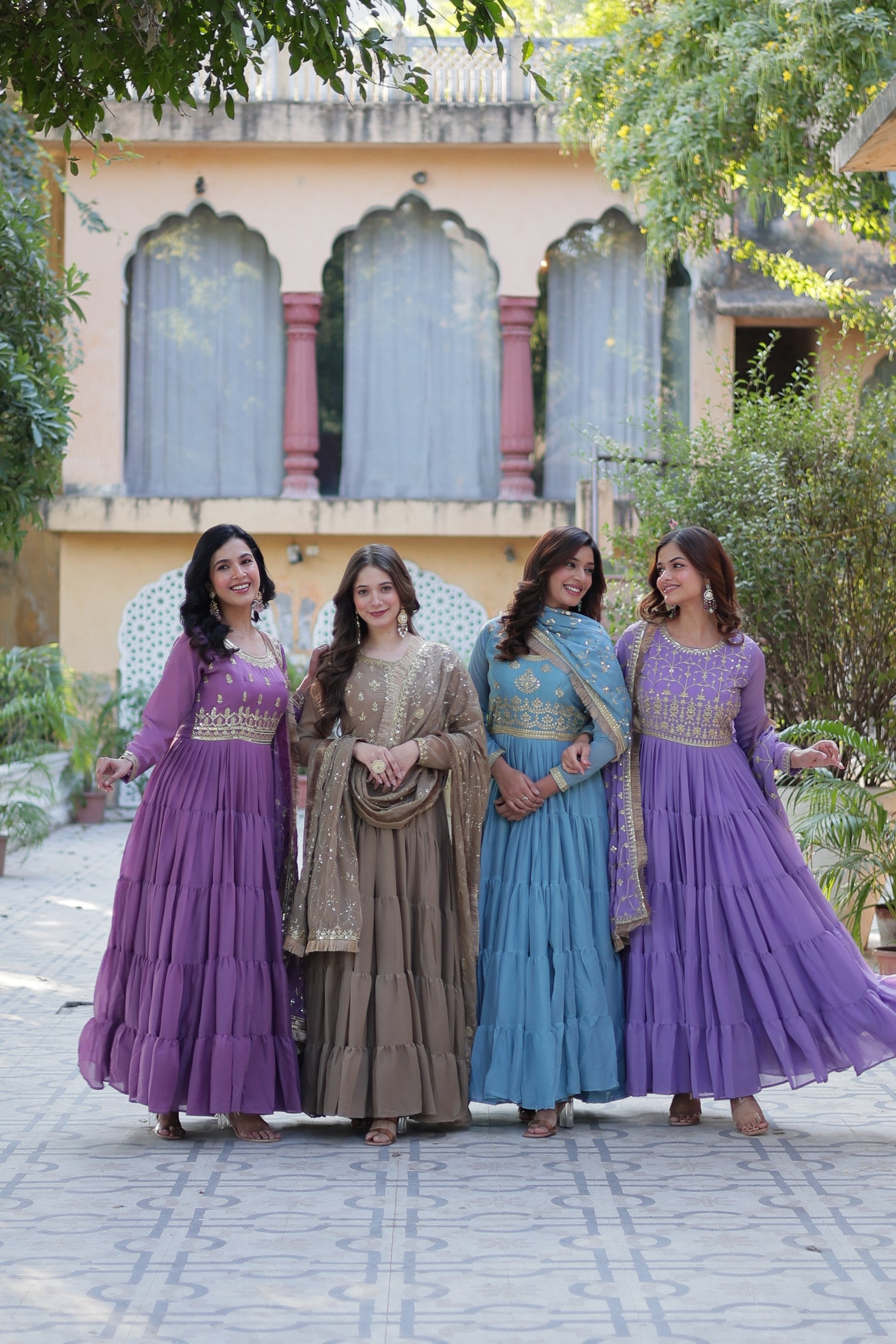 Jamuni, Beige, Sky Blue and Purple Star Georgette Anarkali set with sequins and lace border