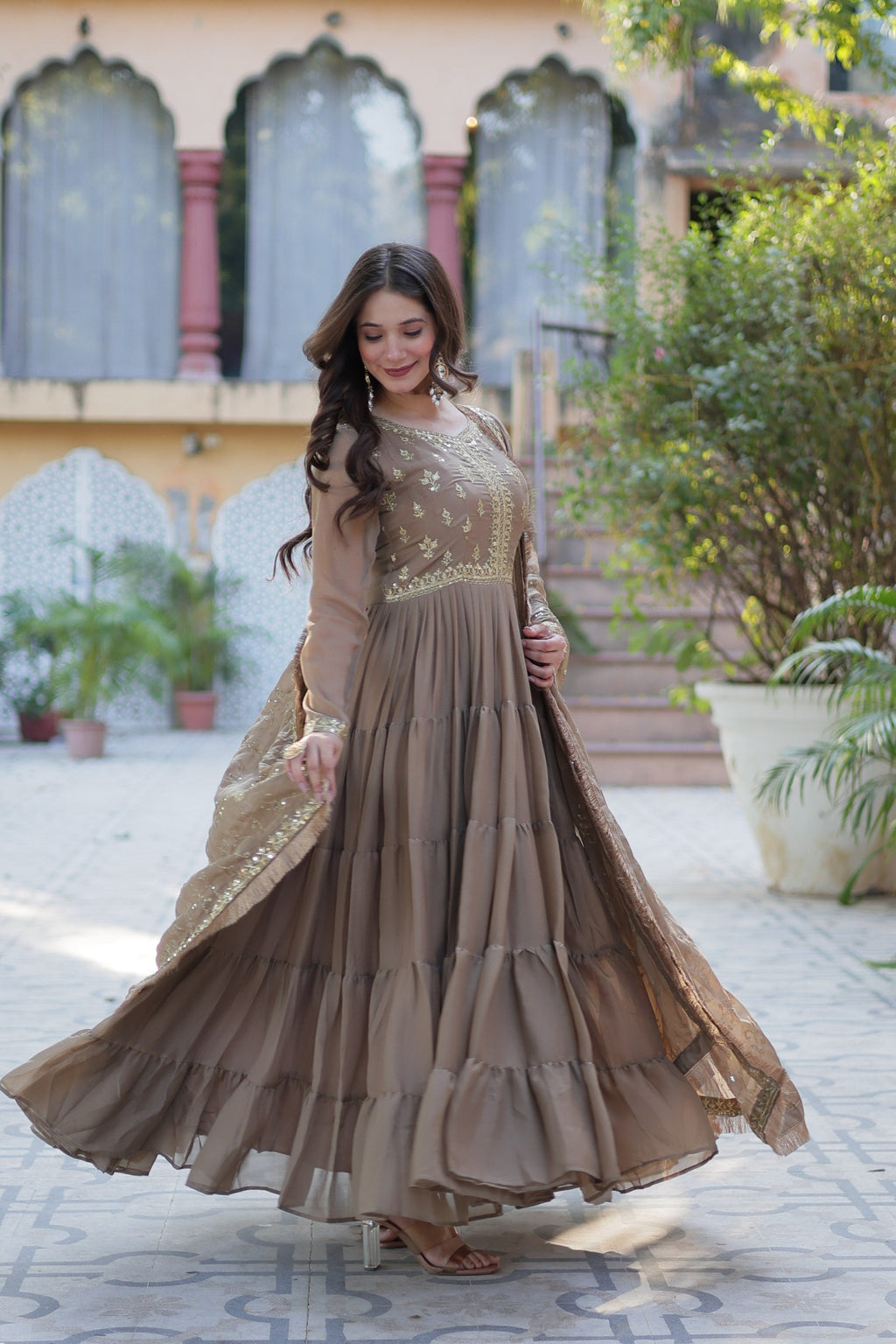 Beige Star Georgette Sequins Embroidered Anarkali Set