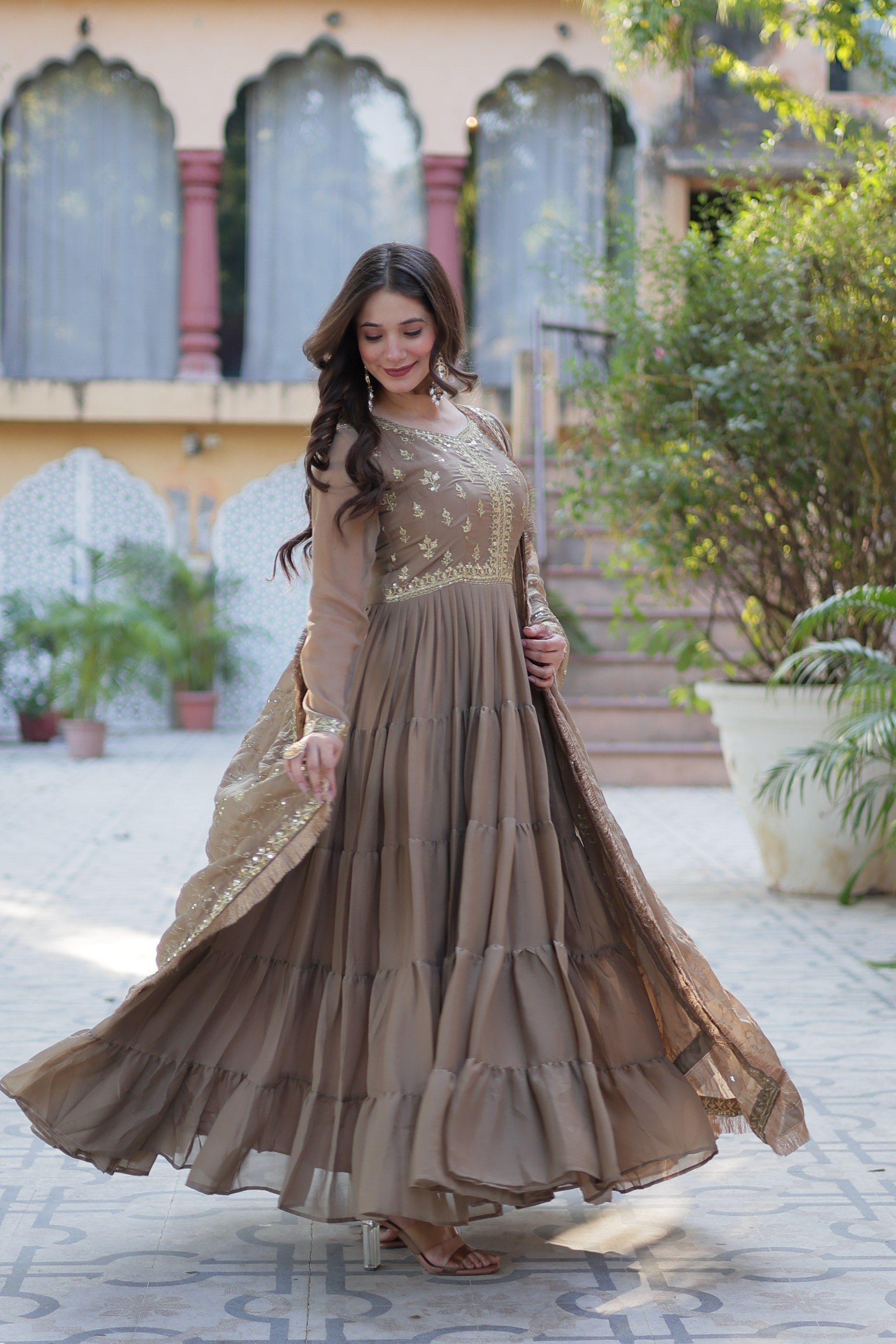 Beige Star Georgette Sequins Embroidered Anarkali Set