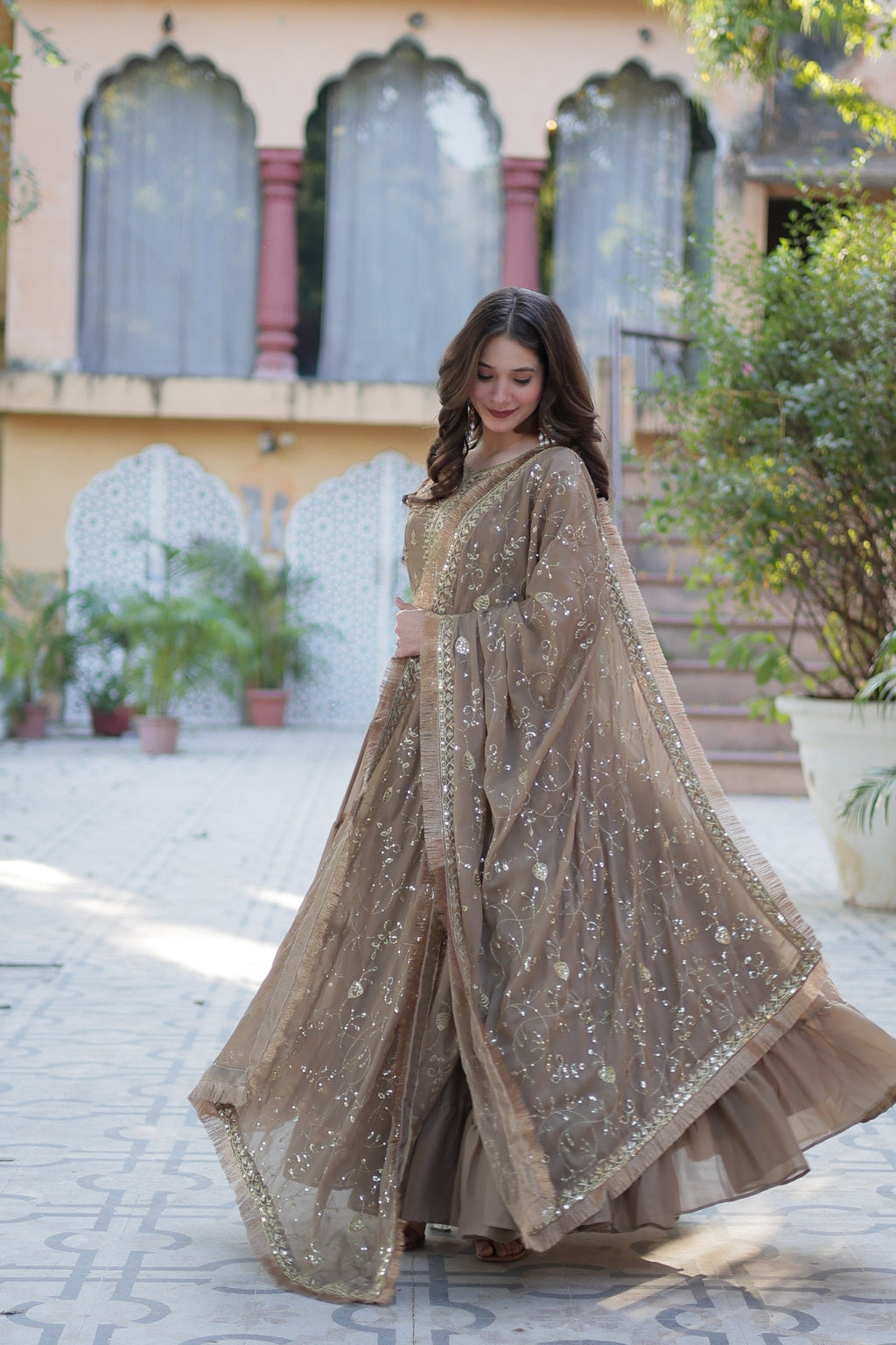 Beige Star Georgette Sequins Embroidered Anarkali Set