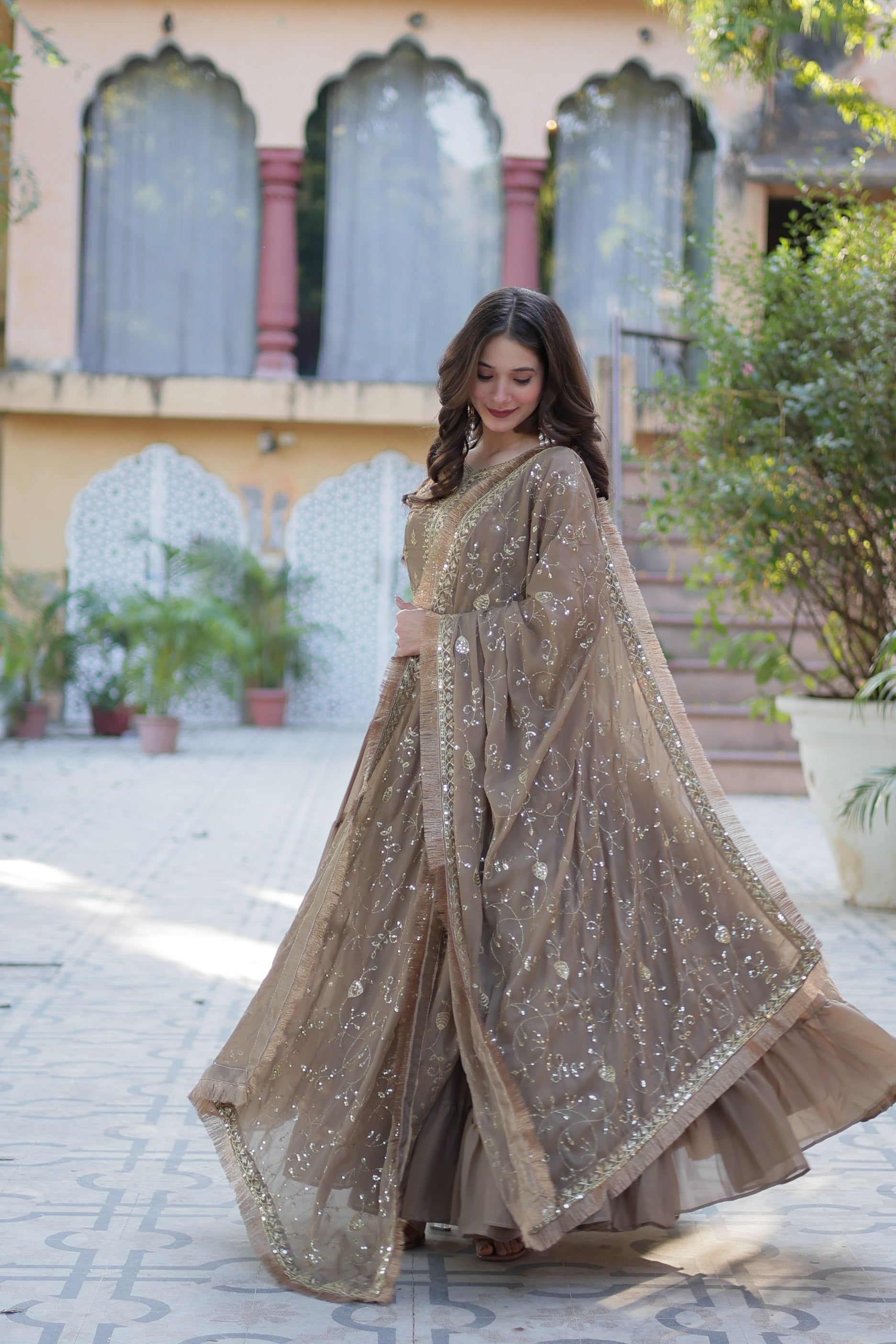 Beige Star Georgette Sequins Embroidered Anarkali Set