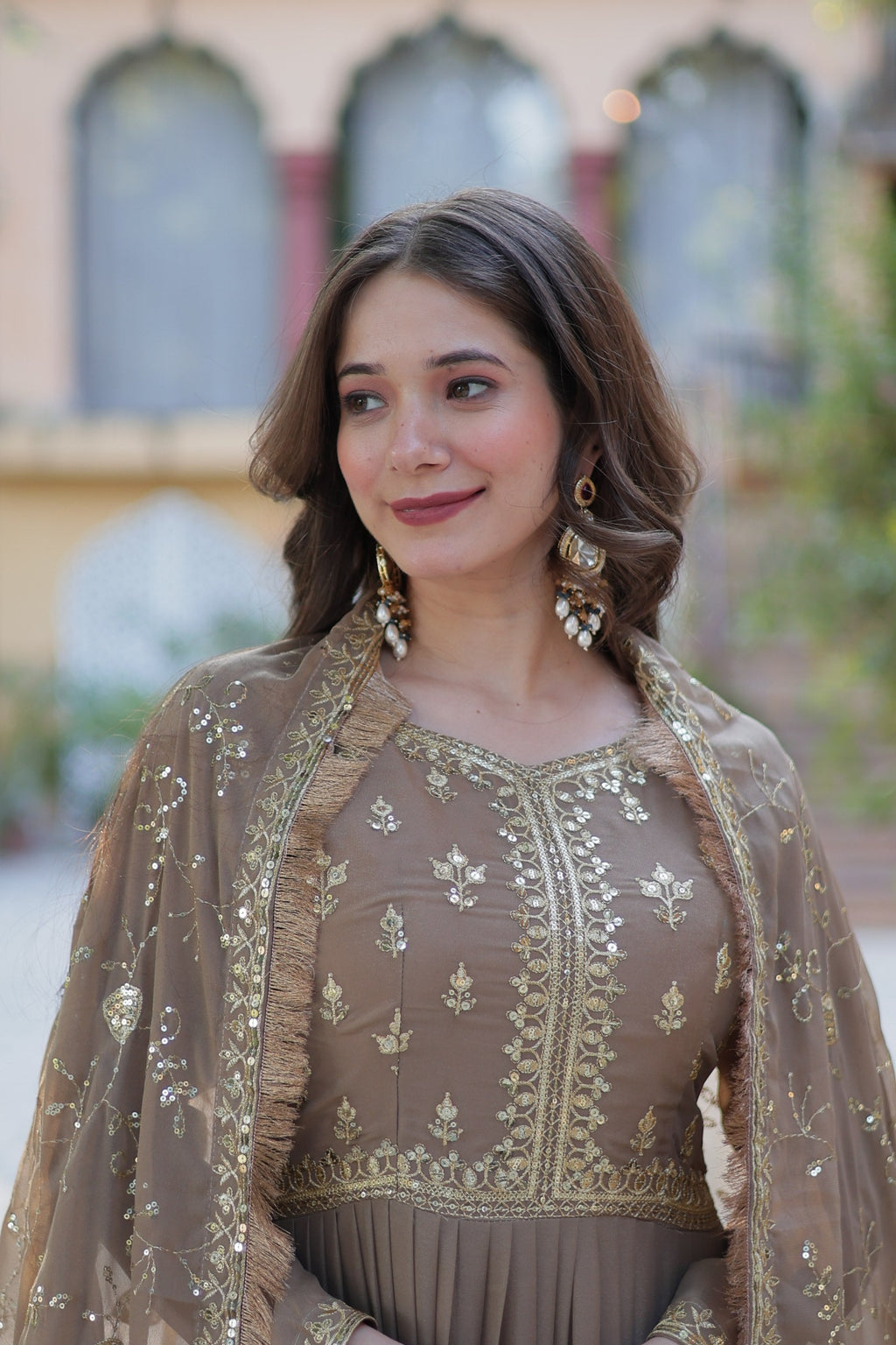Beige Star Georgette Sequins Embroidered Anarkali Set
