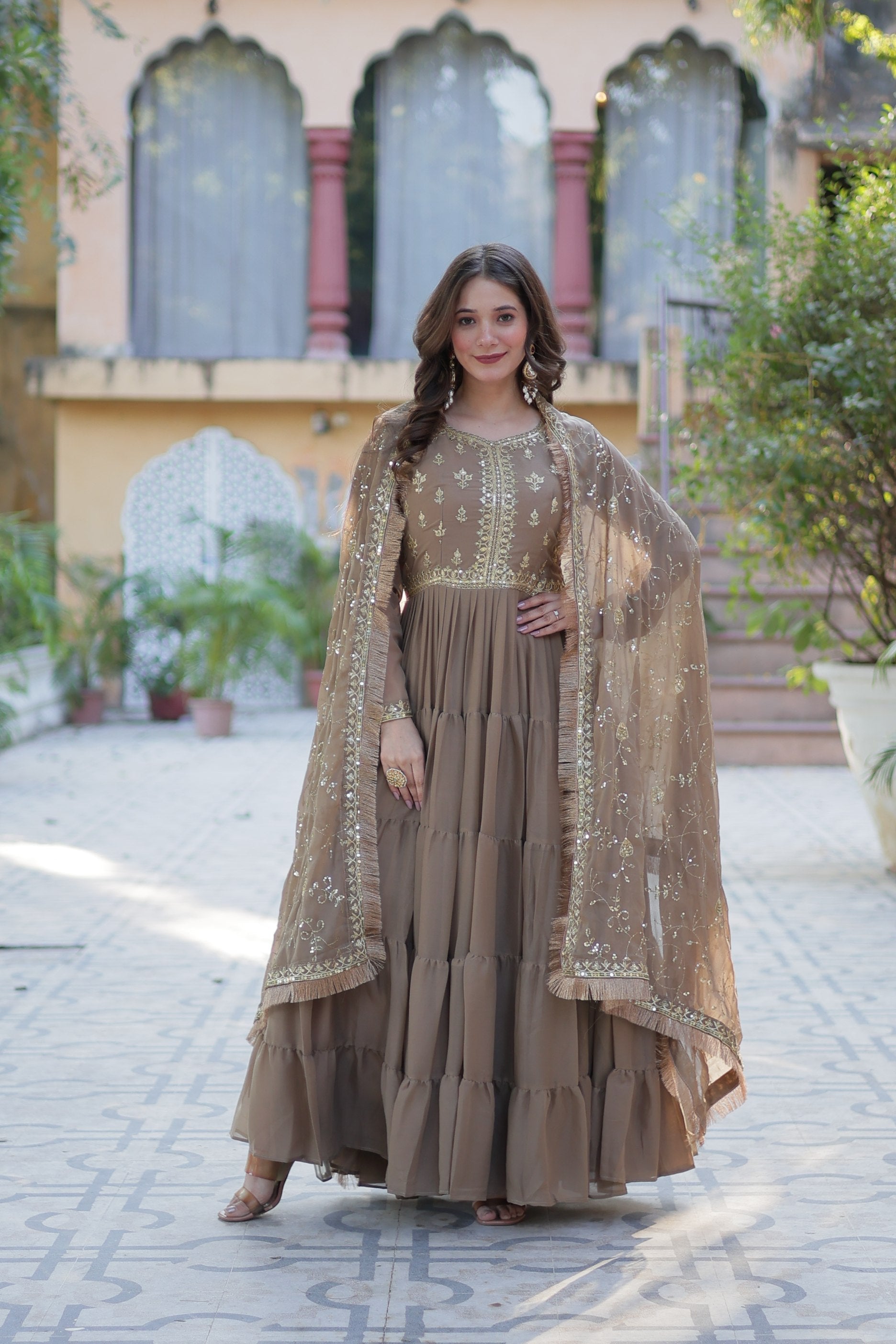 Beige Star Georgette Anarkali set with sequins embroidery and lace border detail