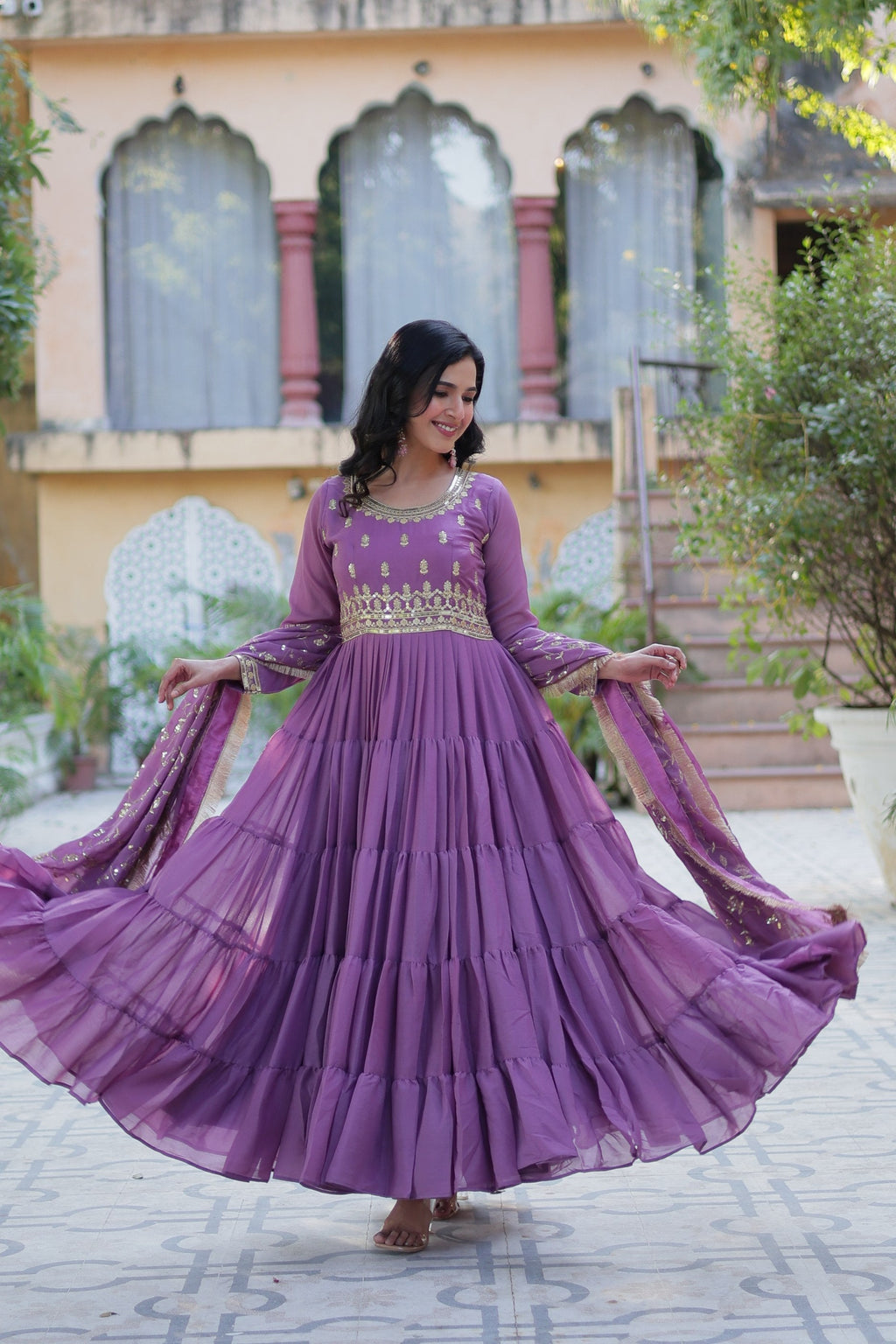 Jyoti Fashion Women's Jamuni Star Georgette Rich Sequins Embroidered Anarkali Set with Dupatta