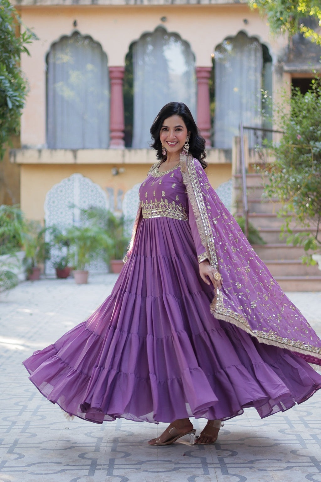 Jyoti Fashion Women's Jamuni Star Georgette Rich Sequins Embroidered Anarkali Set with Dupatta
