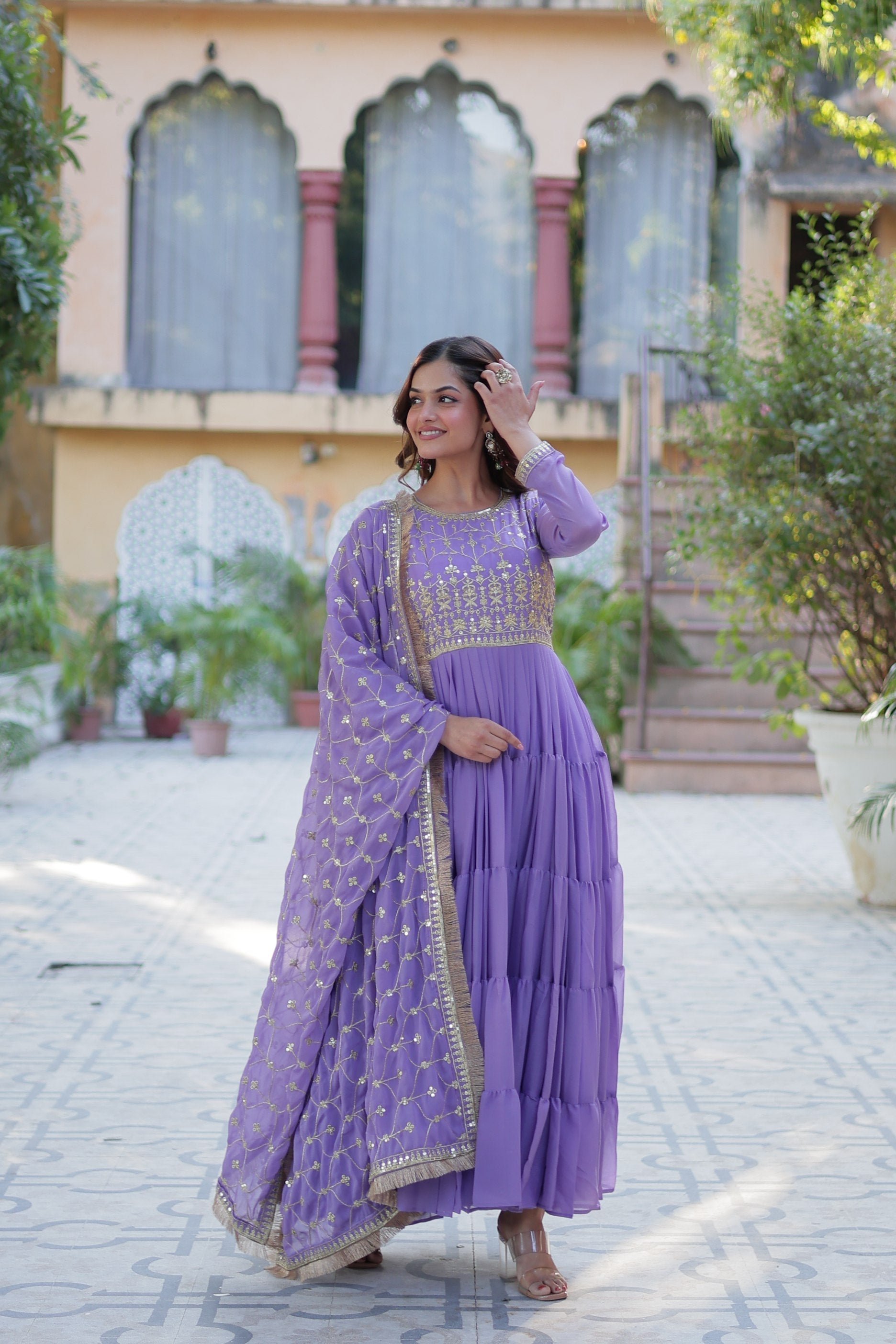 Purple Star Georgette Anarkali Set with Rich Sequins Embroidery