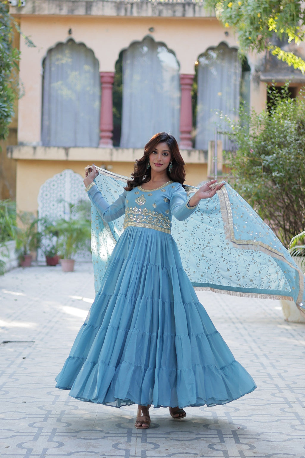 Sky Blue Star Georgette Rich Sequins Embroidered Anarkali Set