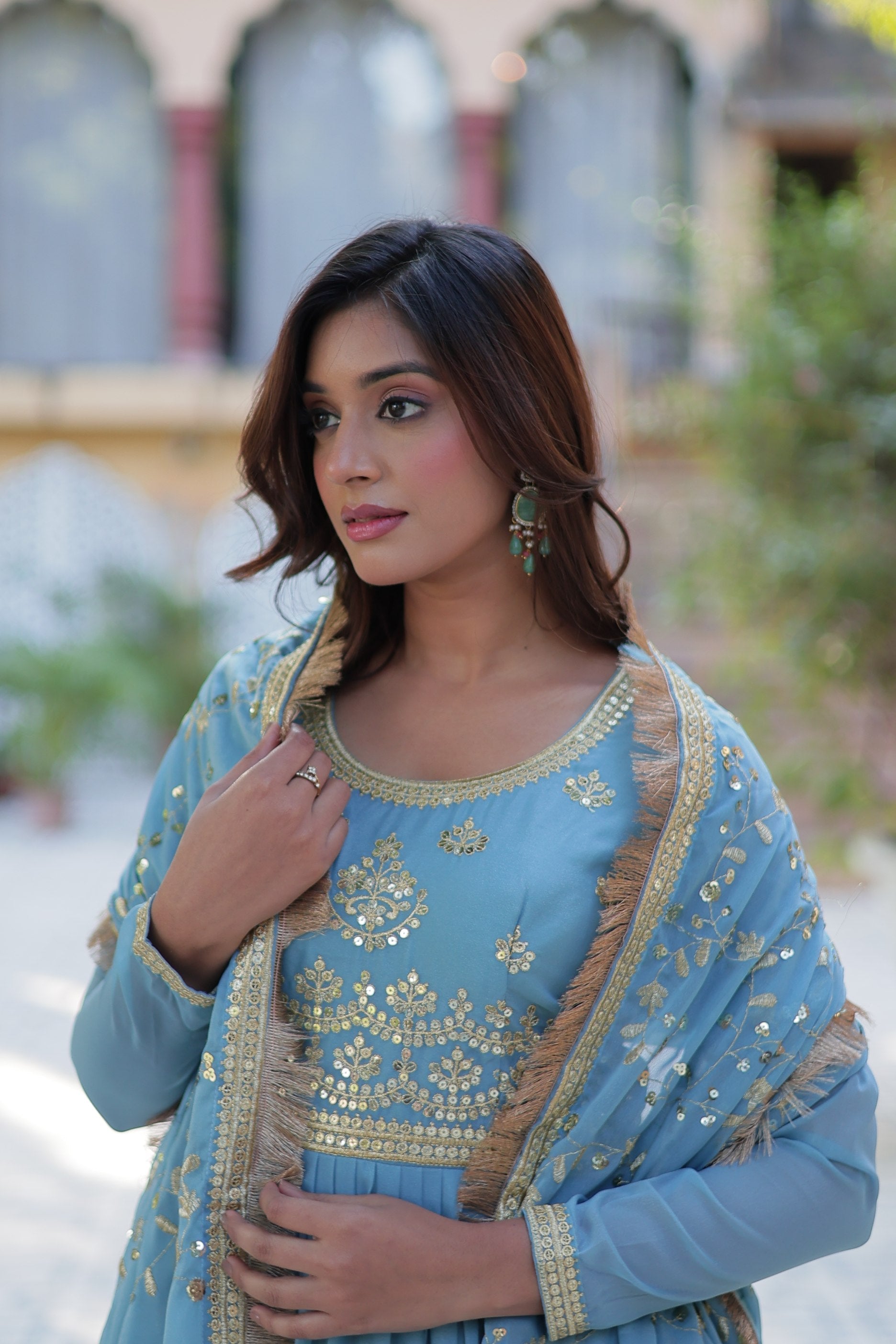 Sky Blue Star Georgette Rich Sequins Embroidered Anarkali Set