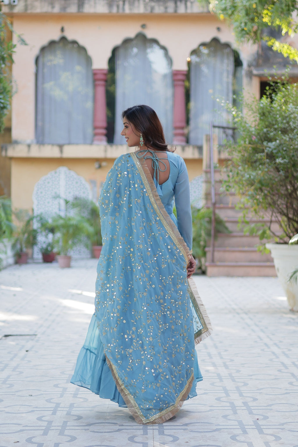 Sky Blue Star Georgette Rich Sequins Embroidered Anarkali Set