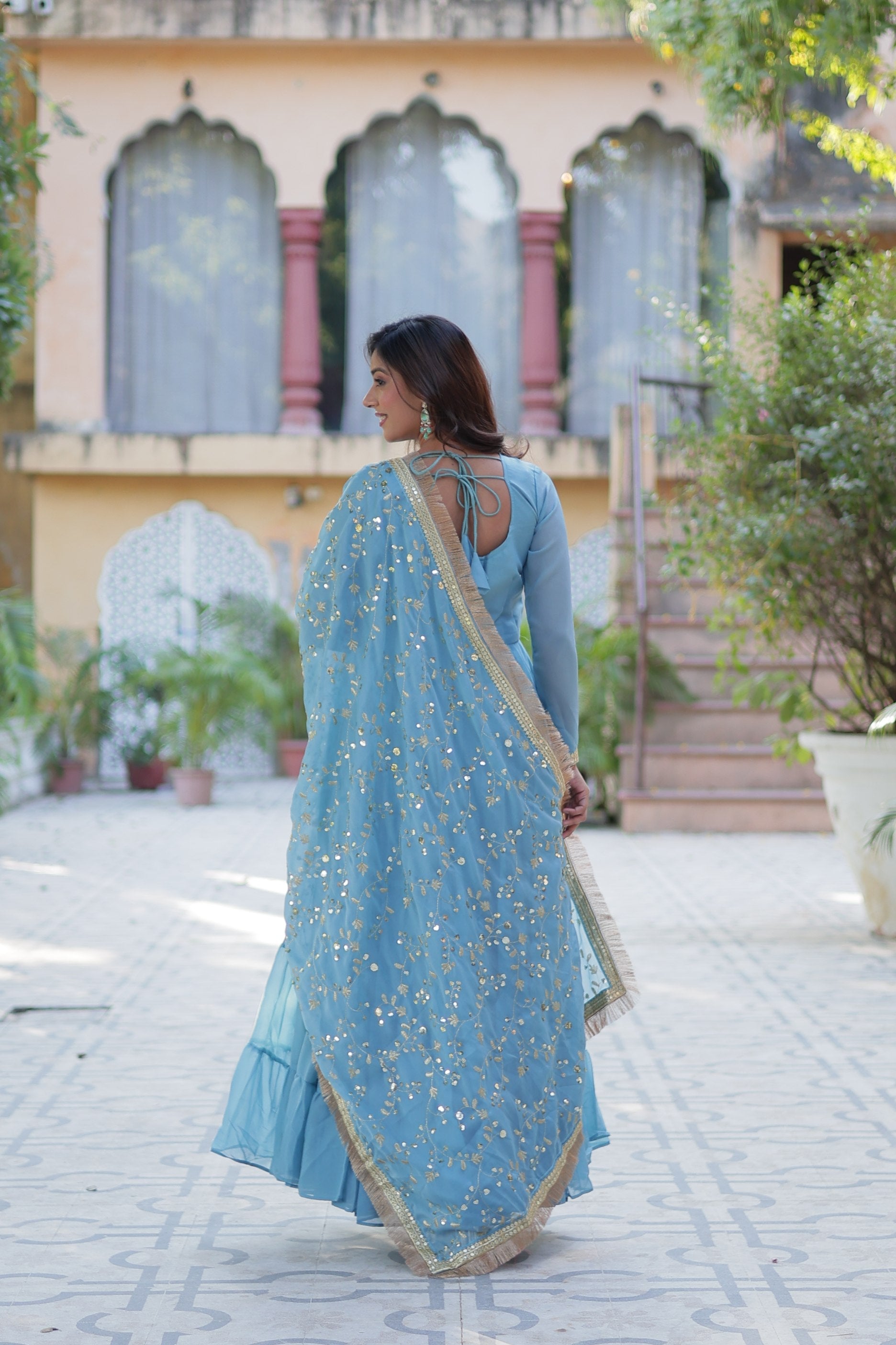 Sky Blue Star Georgette Rich Sequins Embroidered Anarkali Set