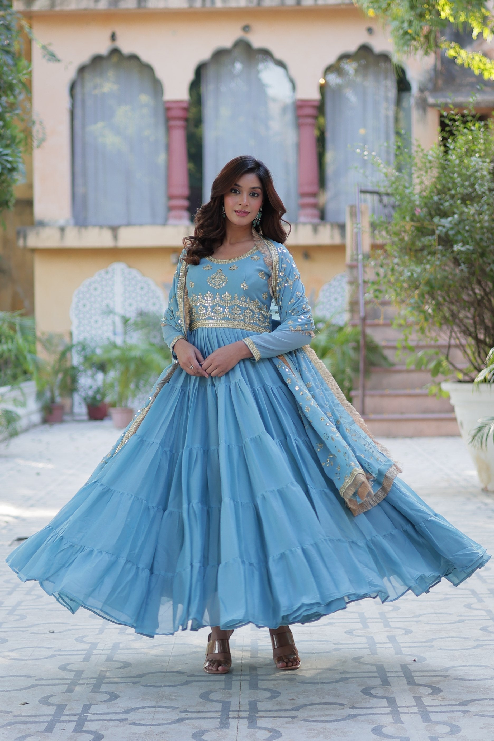 Sky Blue Star Georgette Anarkali with sequins and lace border detail