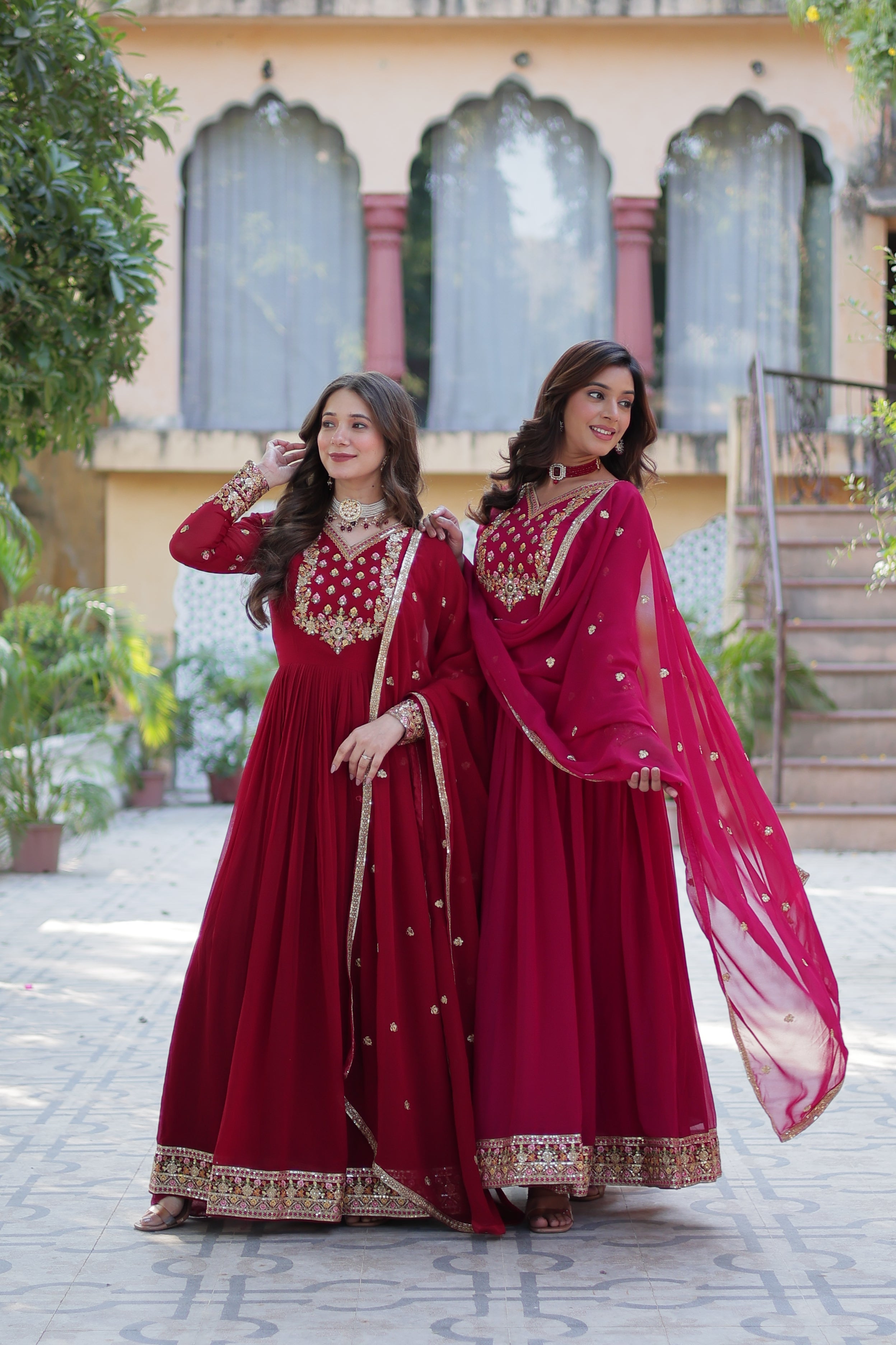 Maroon & Pink Faux Georgette Rich Sequins Embroidered Anarkali Set