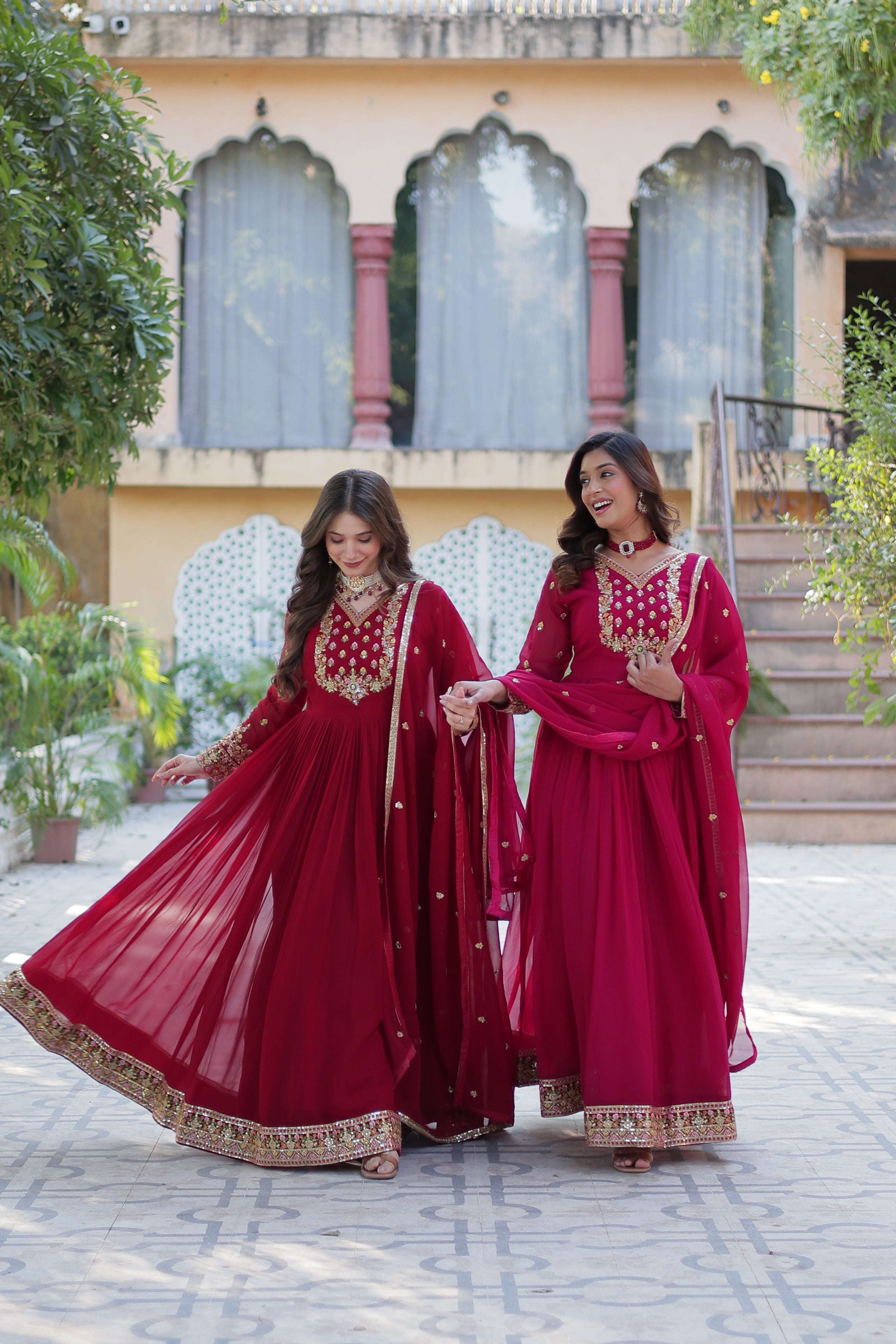 Maroon & Pink Faux Georgette Rich Sequins Embroidered Anarkali Set