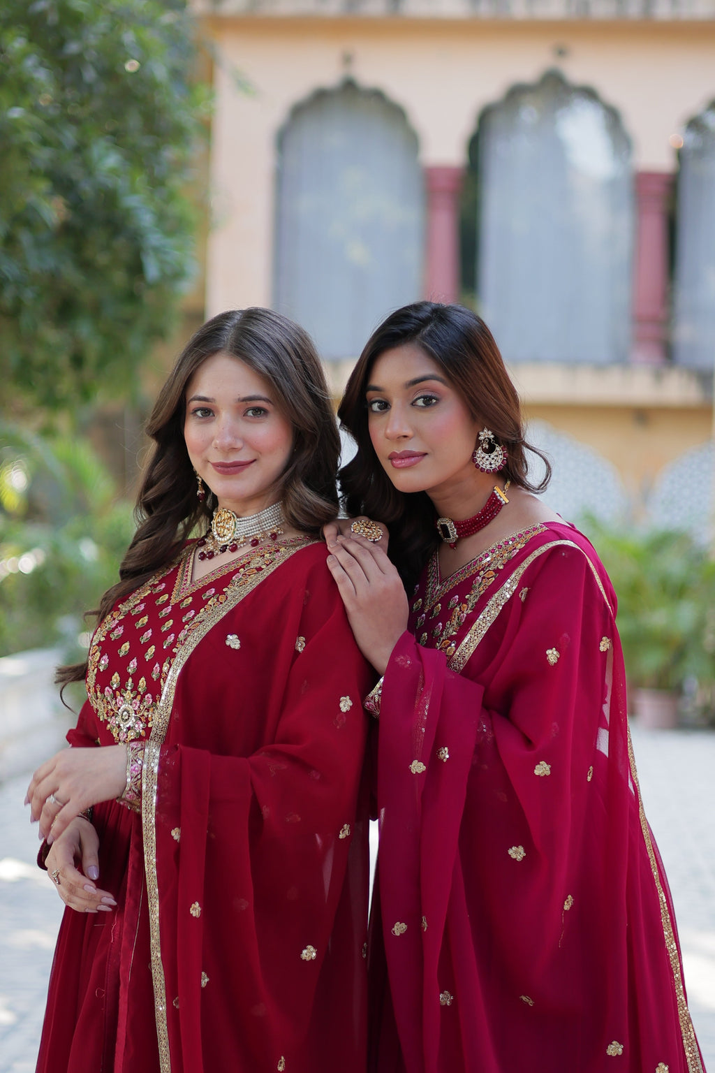 Maroon & Pink Faux Georgette Rich Sequins Embroidered Anarkali Set