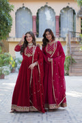 Maroon and Pink Faux Georgette Anarkali set with rich sequins embroidery and dupatta