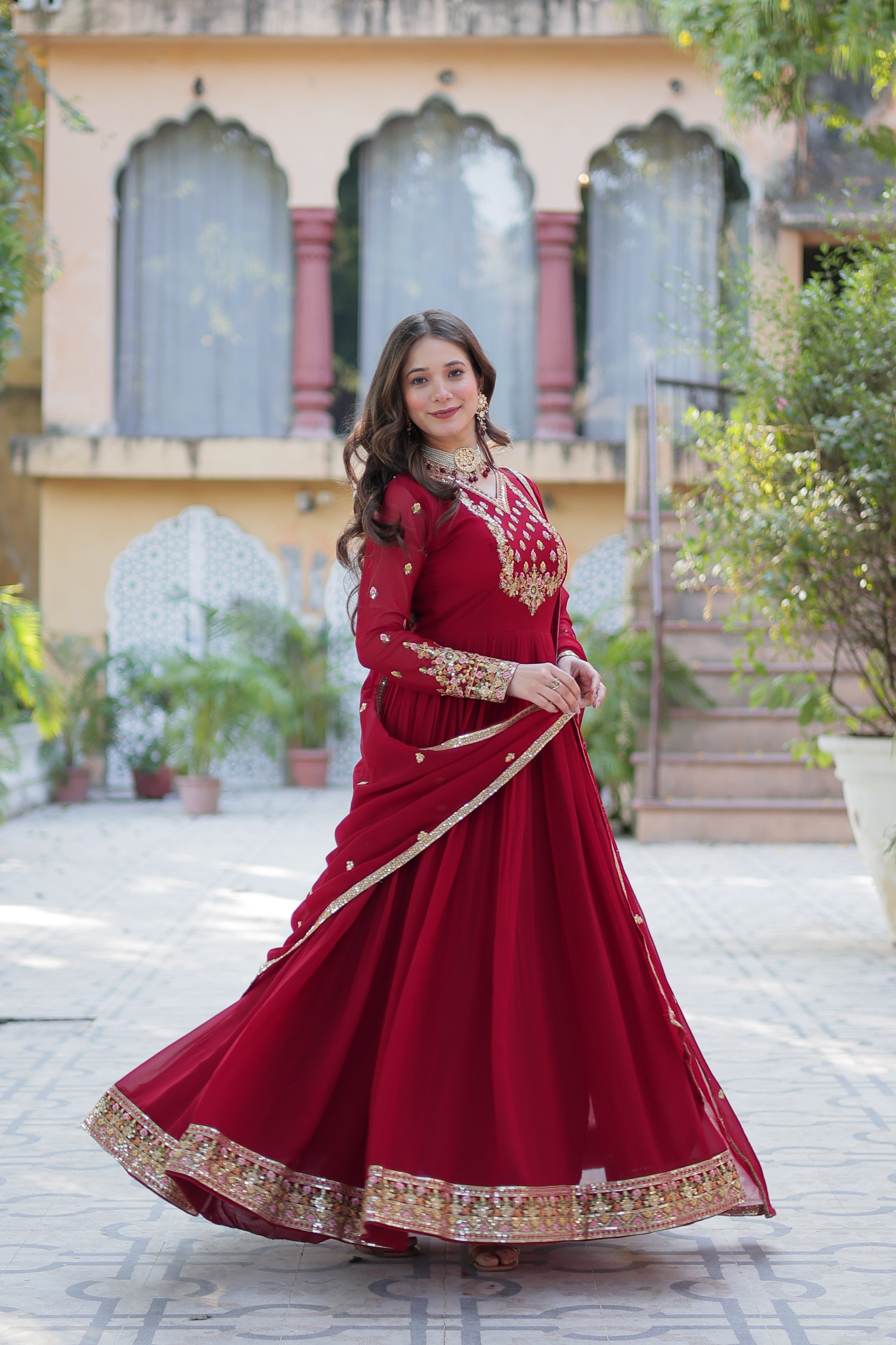 Maroon Faux Georgette Anarkali Set with Rich Sequins Embroidery