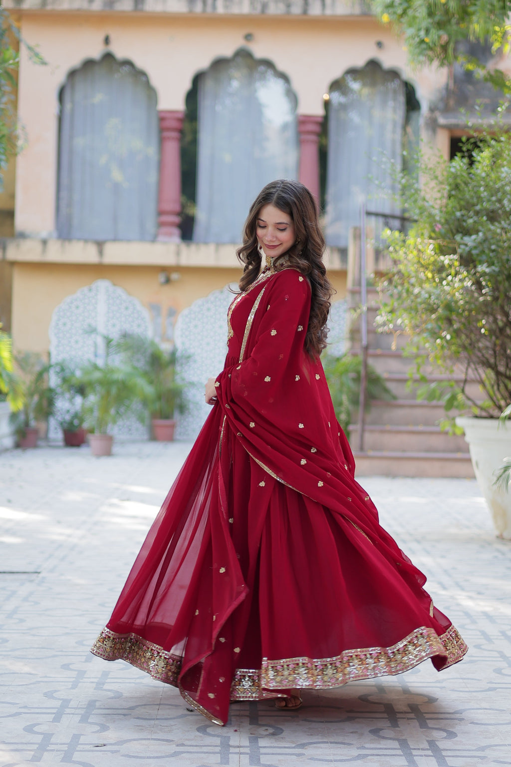 Maroon Faux Georgette Anarkali Set with Rich Sequins Embroidery