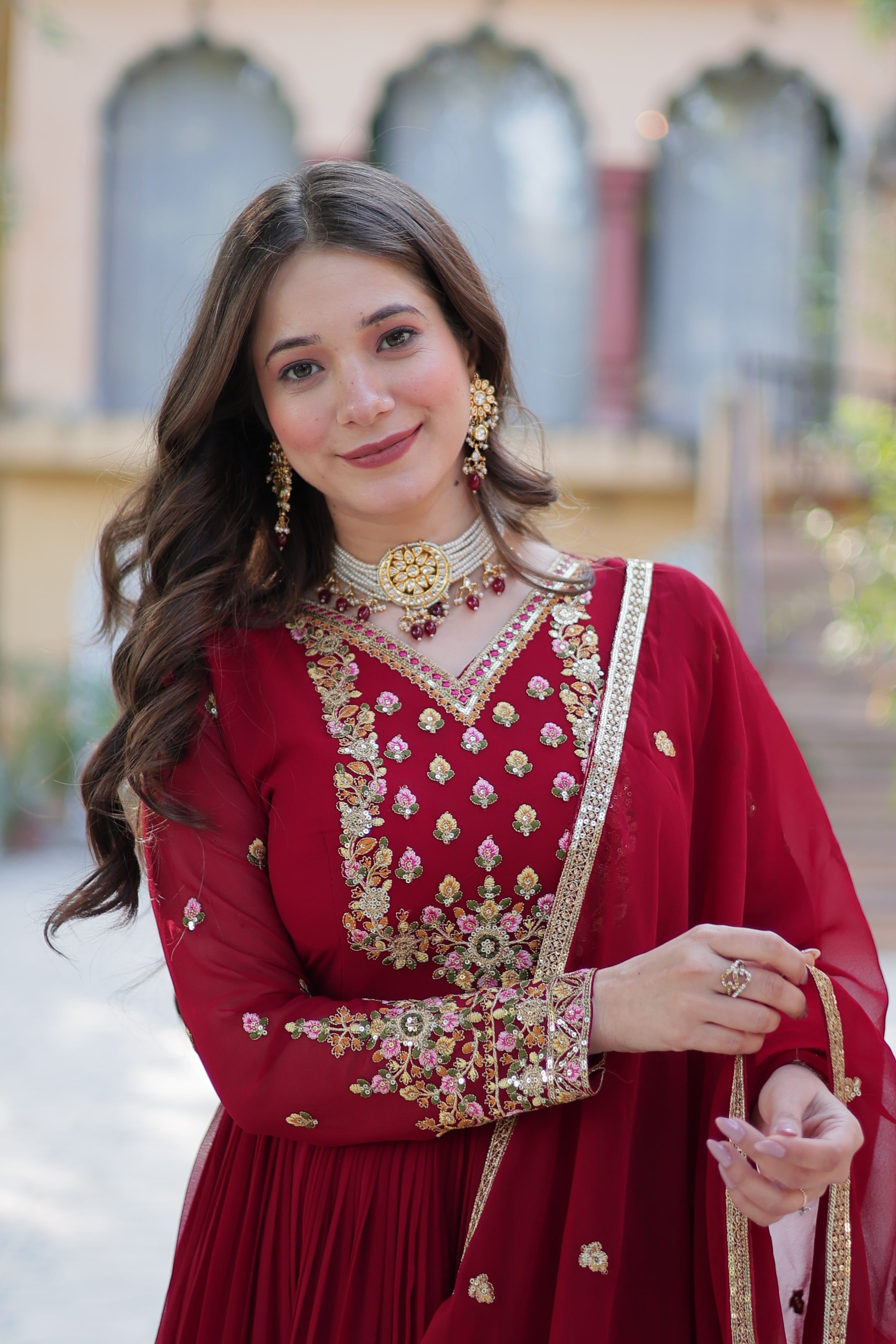 Maroon Faux Georgette Anarkali Set with Rich Sequins Embroidery