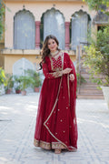 Maroon Faux Georgette Anarkali set with sequin embroidery detail.