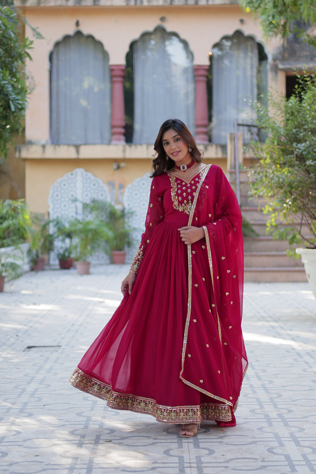 Pink Faux Georgette Sequins Embroidered Anarkali Set with Dupatta