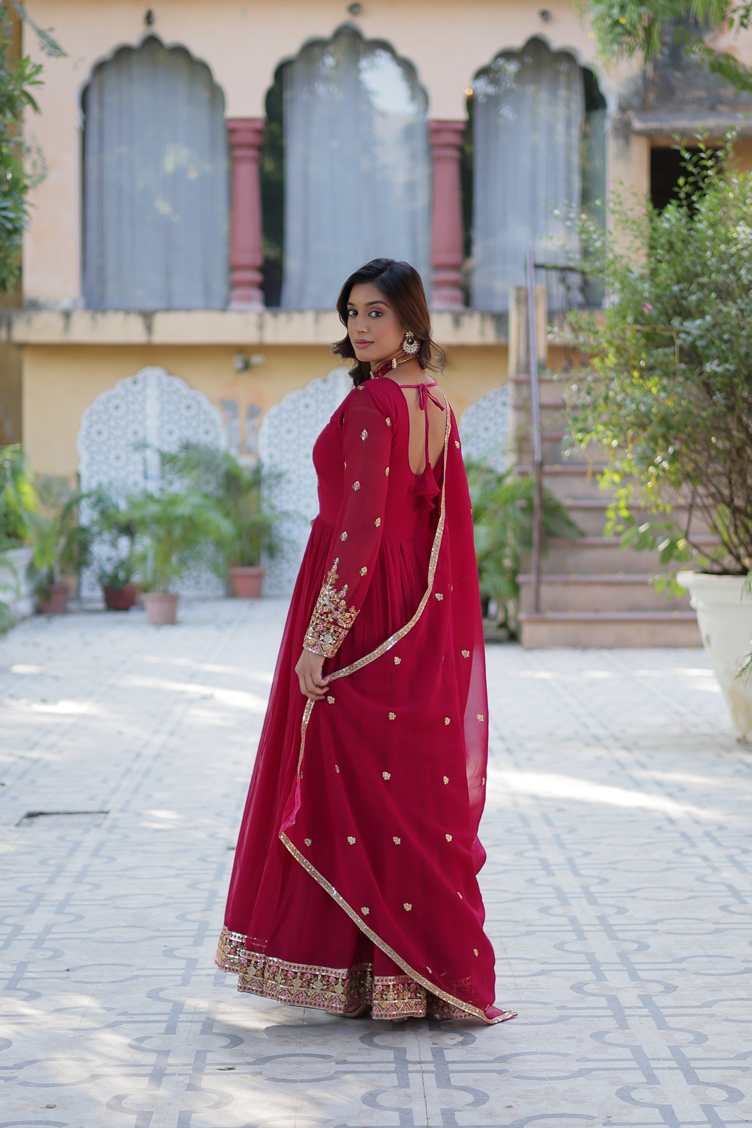 Pink Faux Georgette Sequins Embroidered Anarkali Set with Dupatta