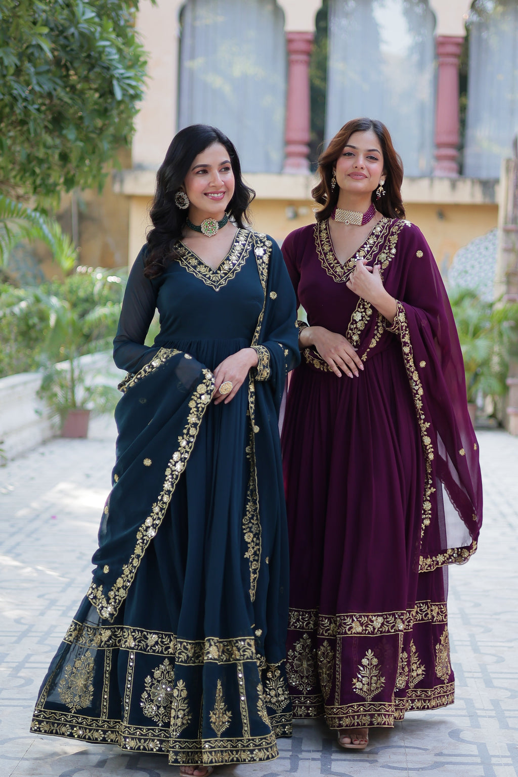 Rama & Wine Faux Georgette Anarkali Combo with Zari and Sequins