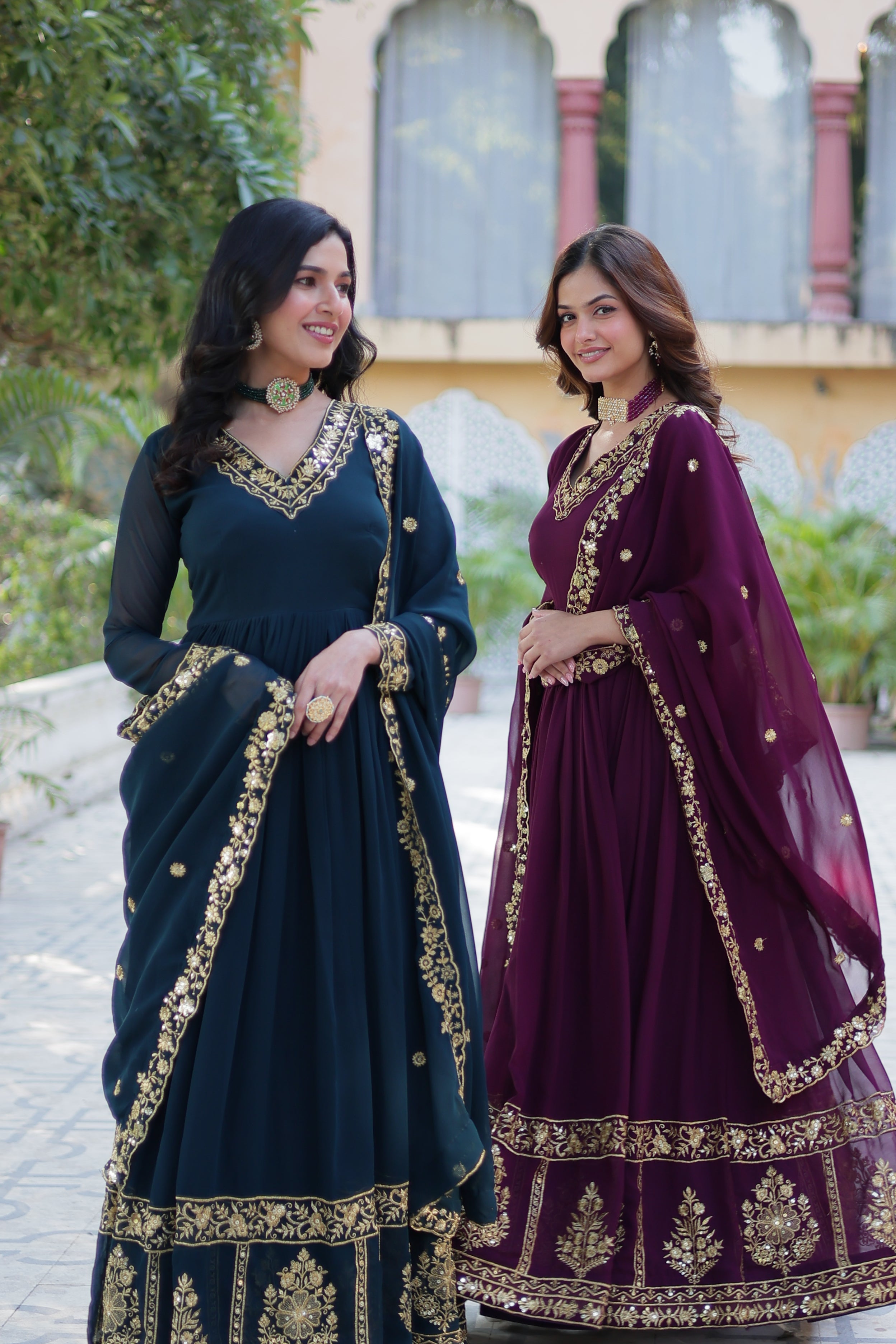 Rama & Wine Faux Georgette Anarkali Combo with Zari and Sequins