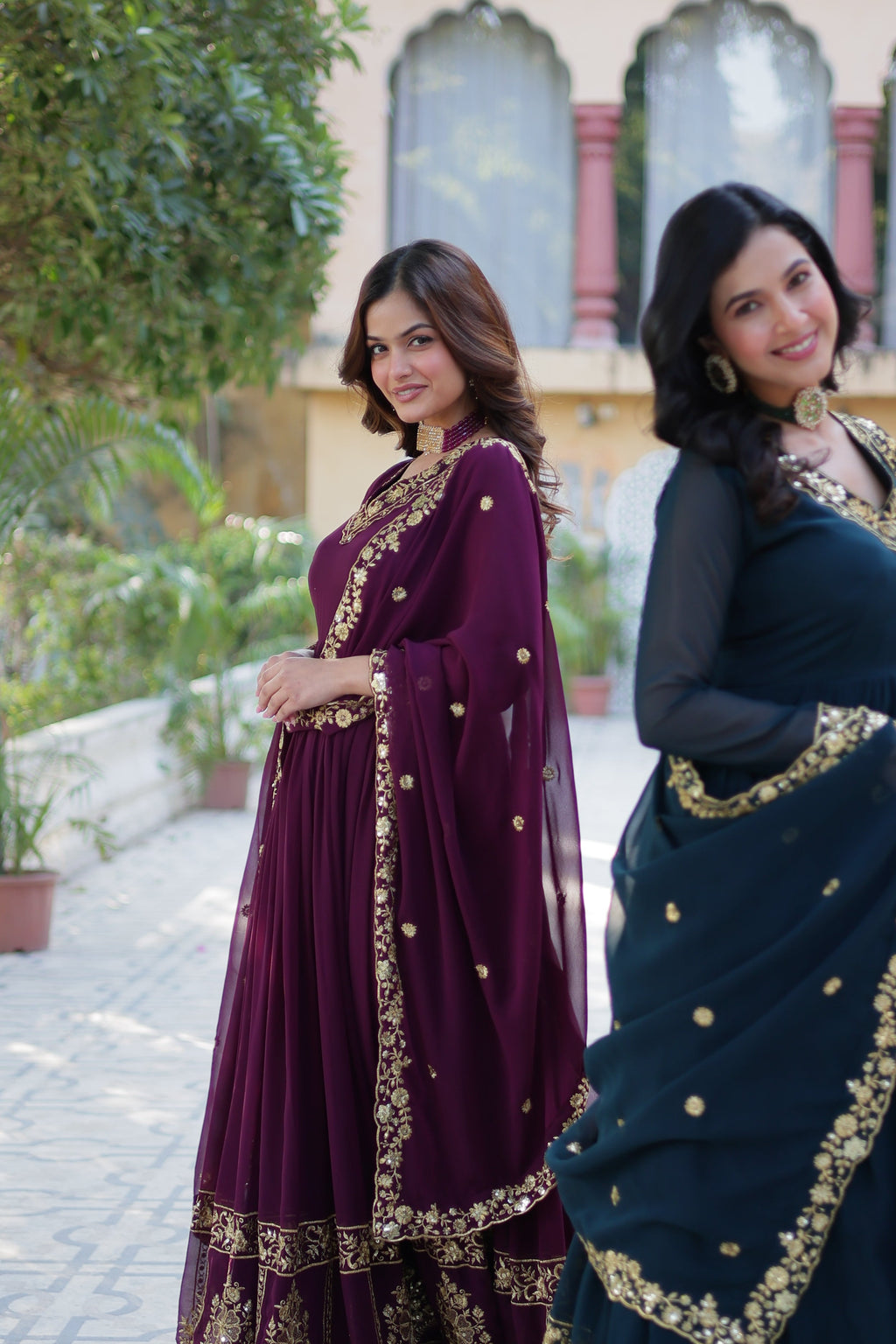 Rama & Wine Faux Georgette Anarkali Combo with Zari and Sequins