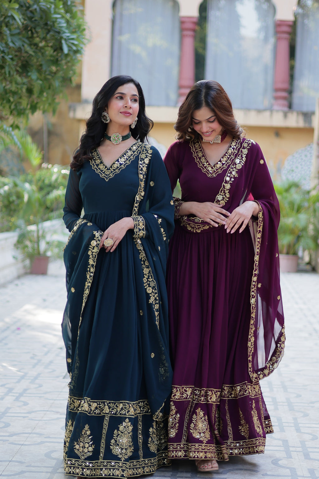 Combo set featuring Rama and Wine colored Faux Georgette Anarkali dresses with zari and sequins