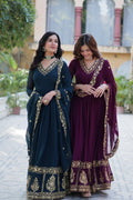 Combo set featuring Rama and Wine colored Faux Georgette Anarkali dresses with zari and sequins
