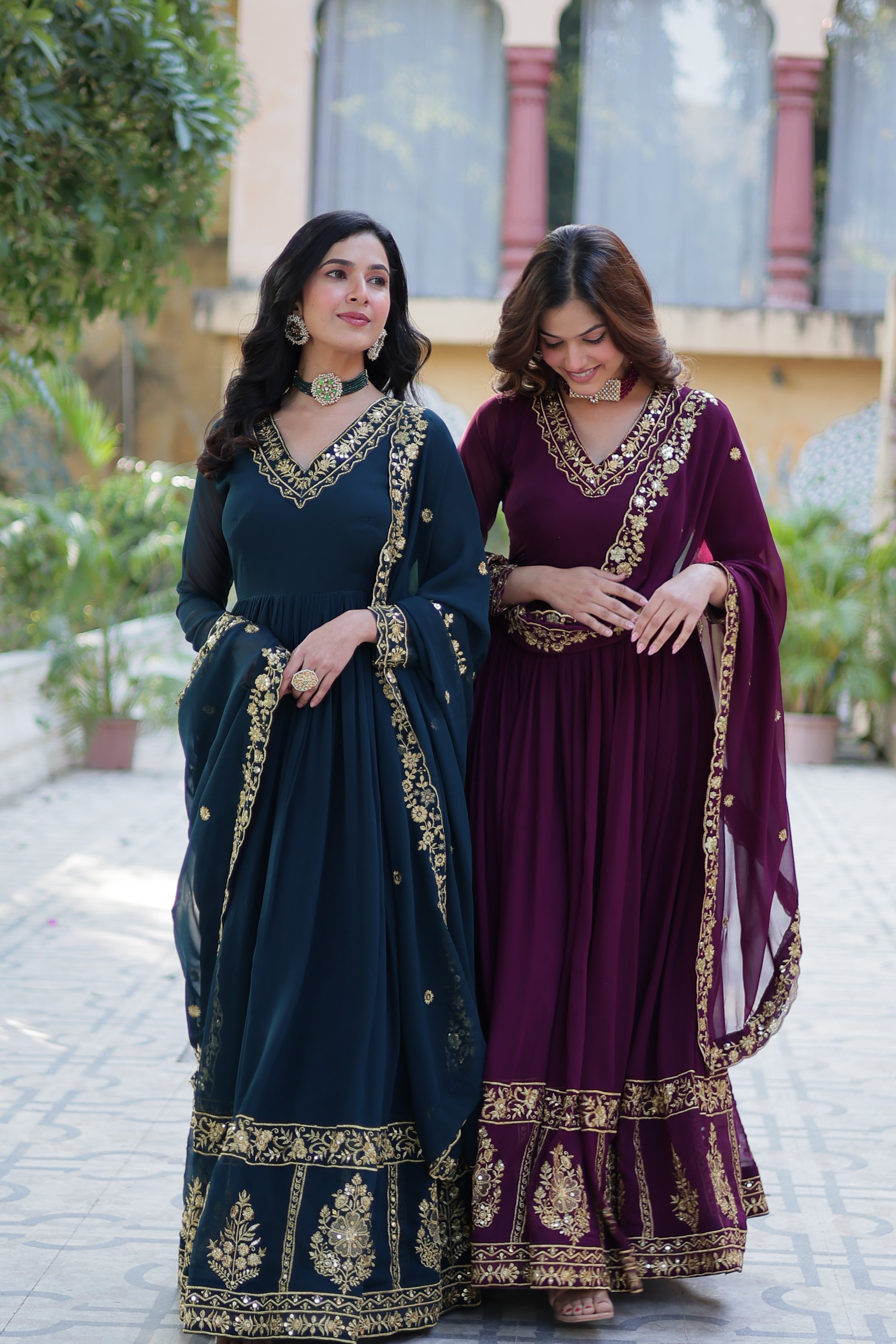 Combo set featuring Rama and Wine colored Faux Georgette Anarkali dresses with zari and sequins