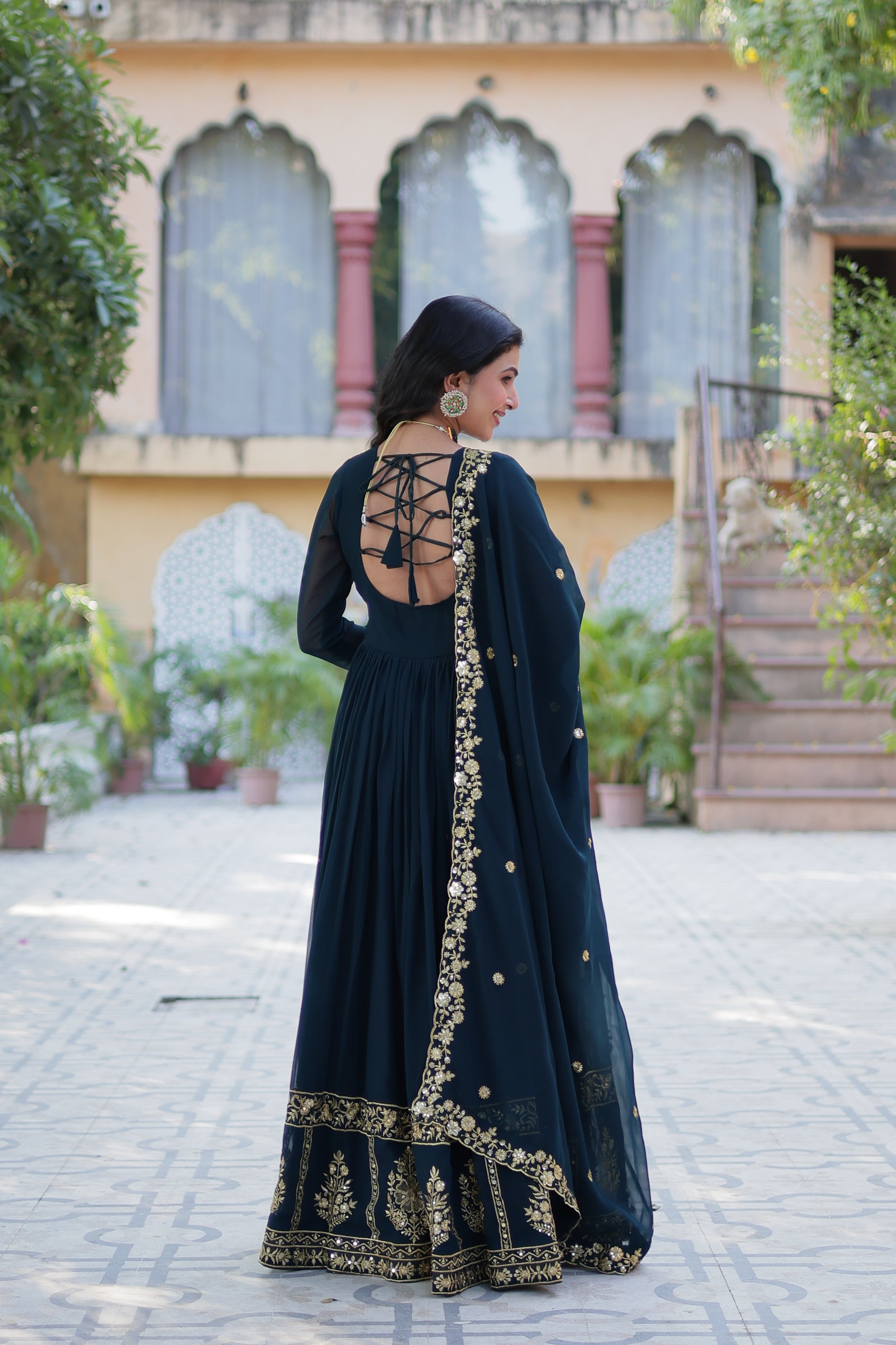 Jyoti Fashion Women's Rama Faux Georgette Zari Thread & Sequins Embroidered Anarkali Set with Dupatta