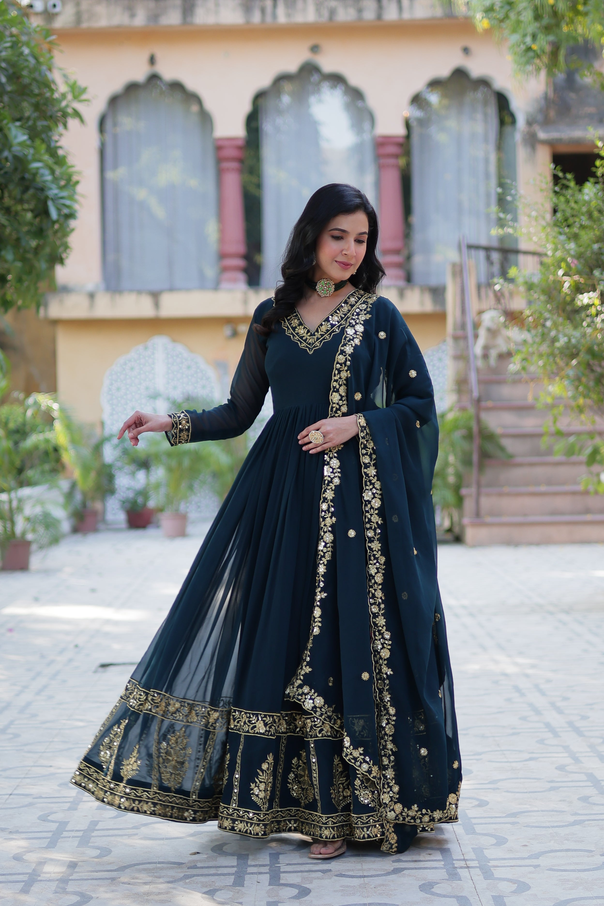 Jyoti Fashion Women's Rama Faux Georgette Zari Thread & Sequins Embroidered Anarkali Set with Dupatta