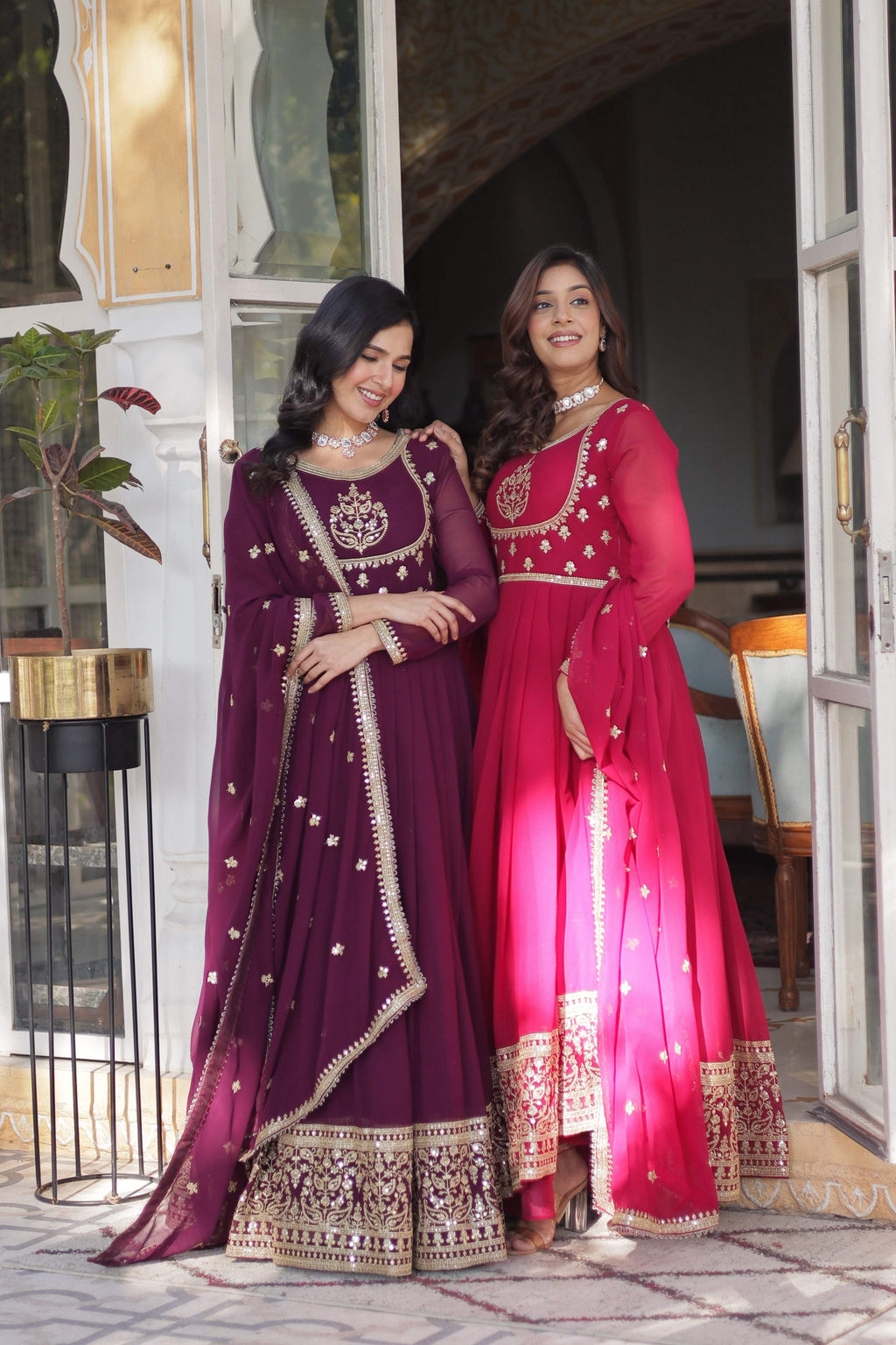 Jyoti Fashion Women's Wine & Pink Faux Georgette Rich Sequins Embroidered Combo Anarkali Set with Dupatta