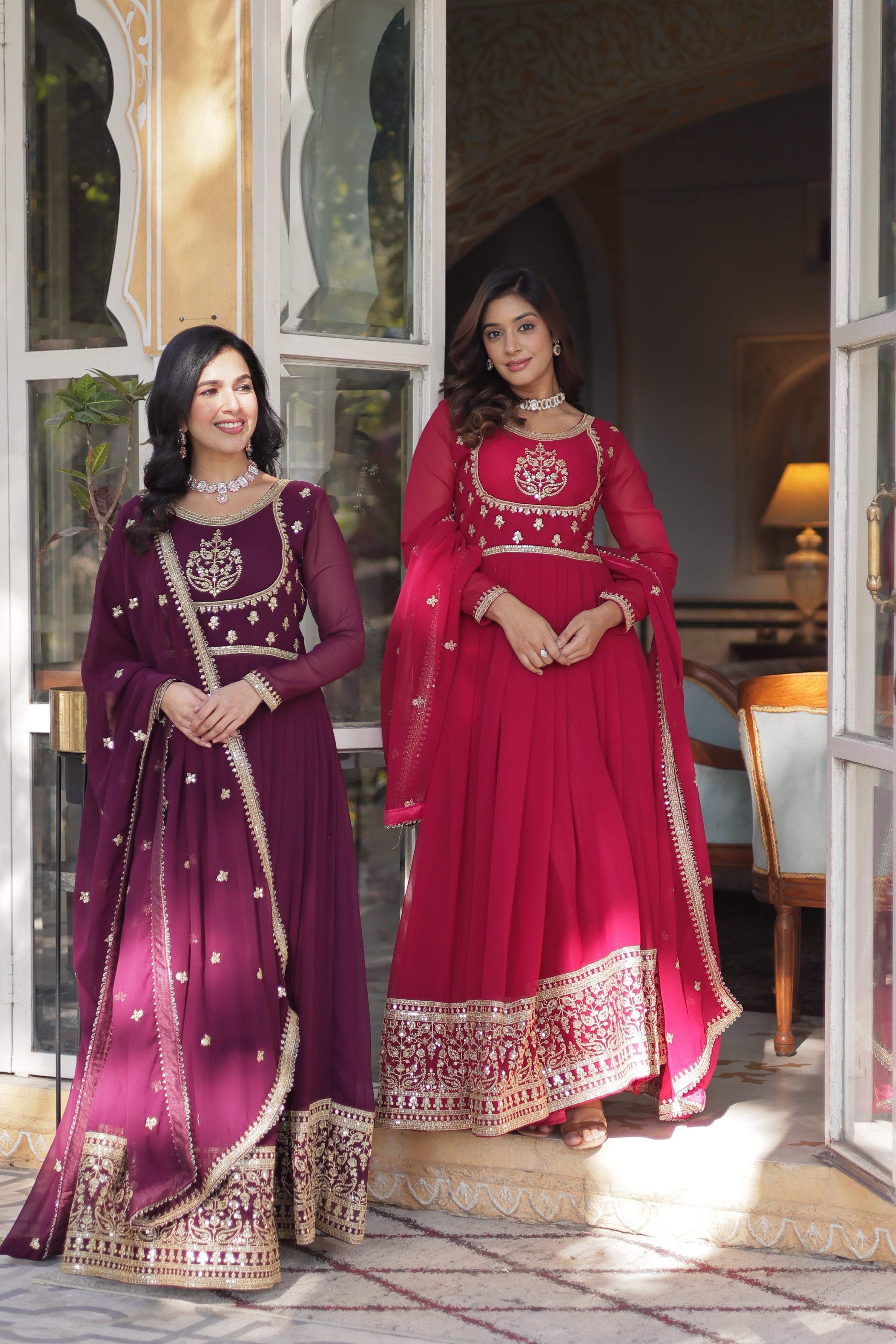 Jyoti Fashion Women's Wine & Pink Faux Georgette Rich Sequins Embroidered Combo Anarkali Set with Dupatta