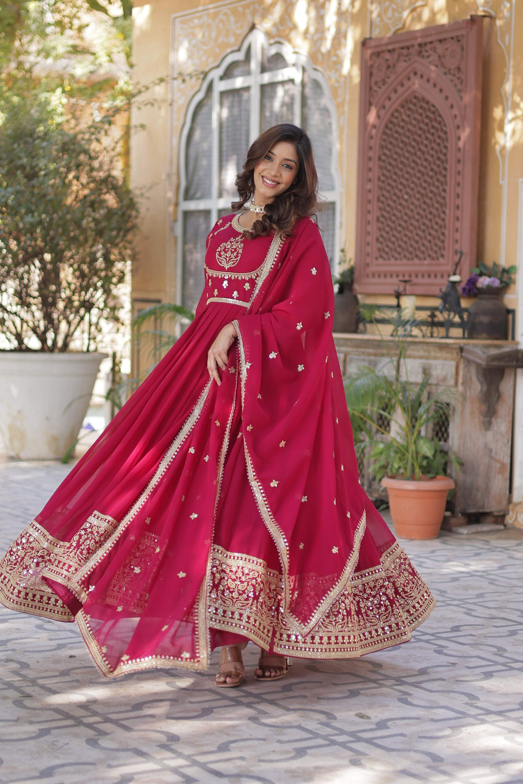 Pink Faux Georgette Anarkali Set with Rich Sequins Embroidery