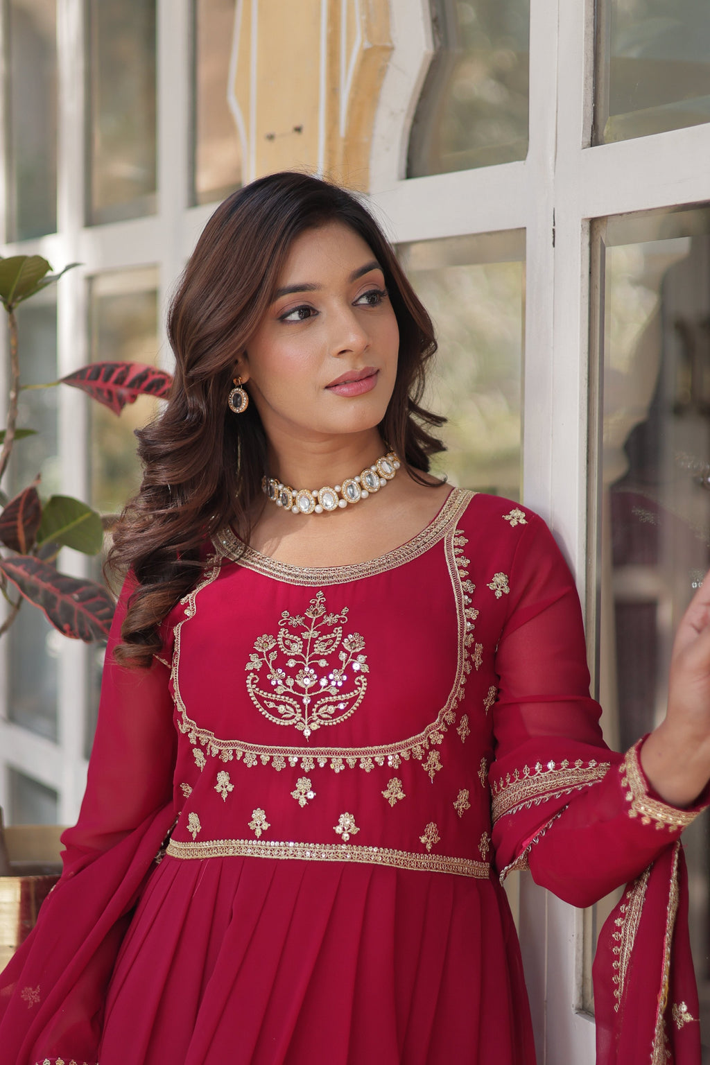 Pink Faux Georgette Anarkali Set with Rich Sequins Embroidery