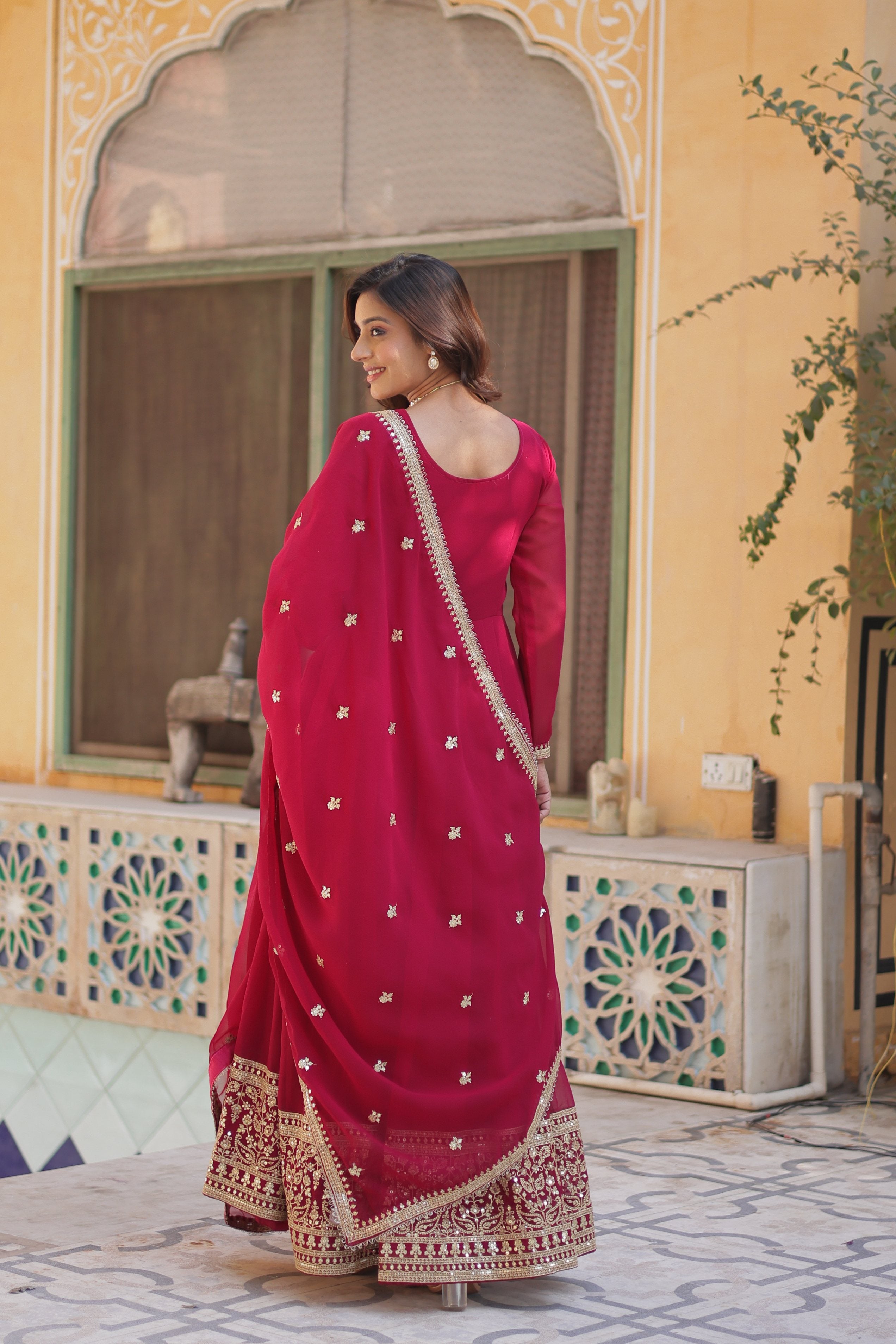 Pink Faux Georgette Anarkali Set with Rich Sequins Embroidery