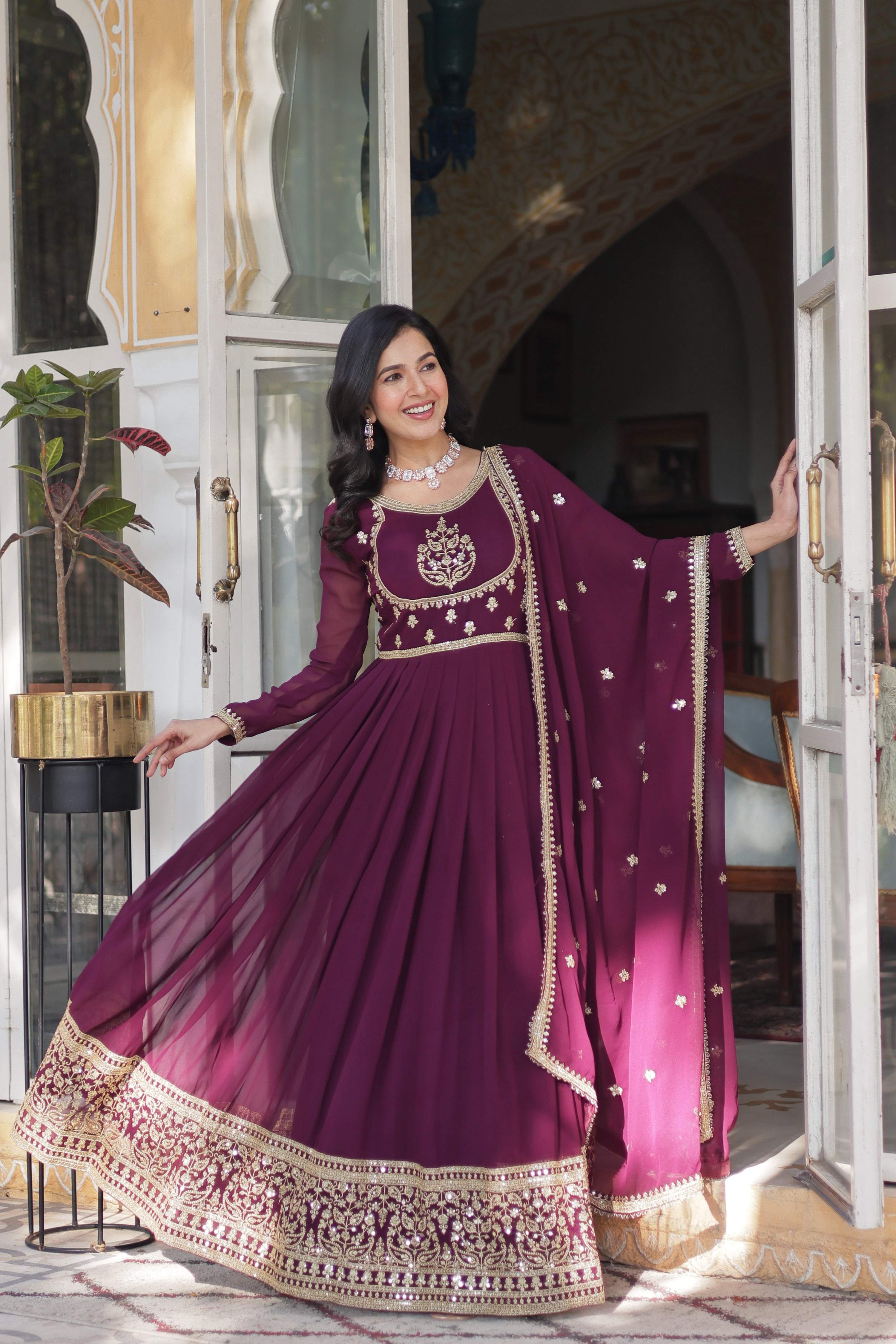 Jyoti Fashion Women's Wine Faux Georgette Rich Sequins Embroidered Anarkali Set with Dupatta