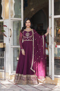 Jyoti Fashion Women's Wine Faux Georgette Rich Sequins Embroidered Anarkali Set with Dupatta