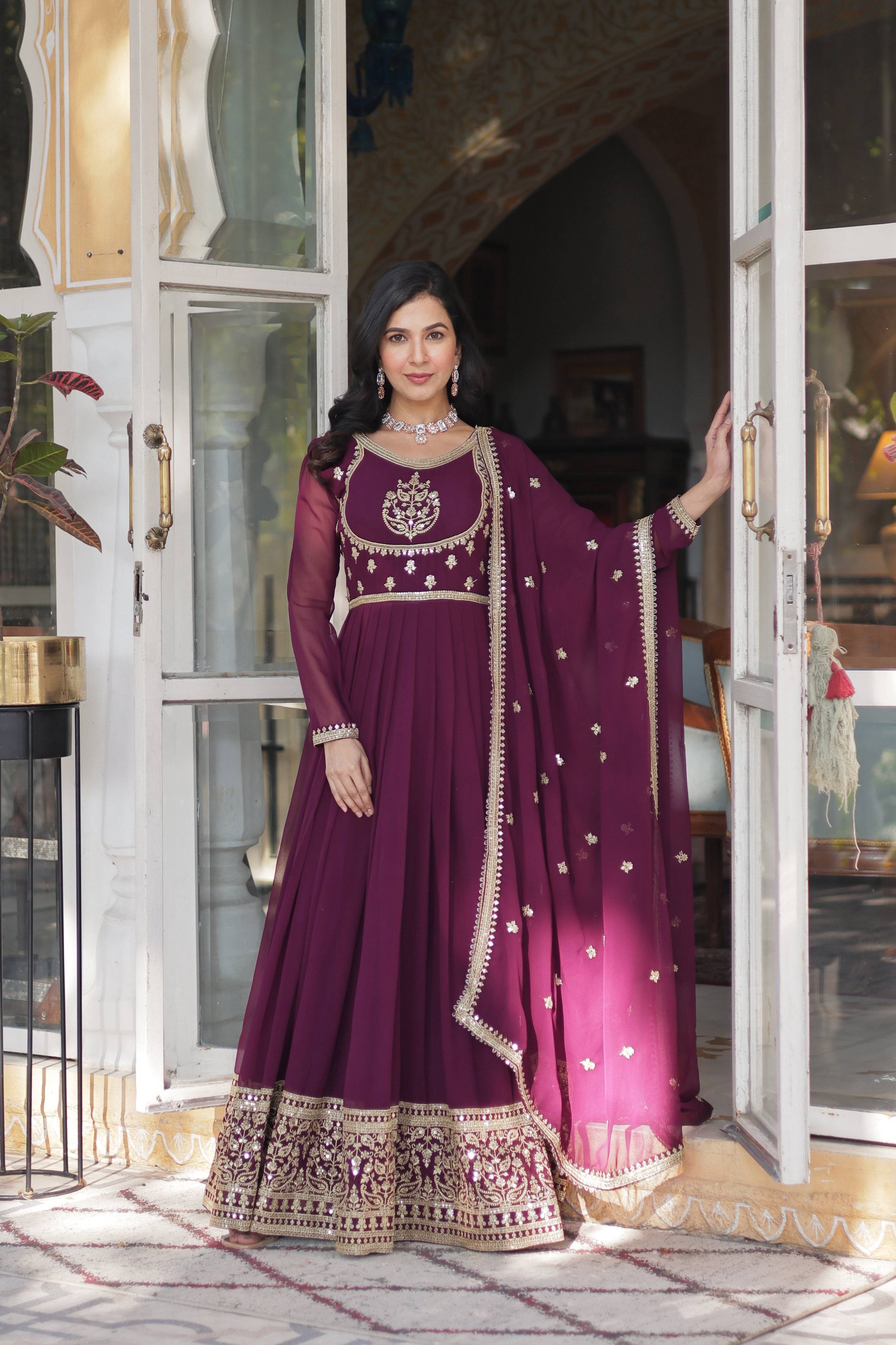 Jyoti Fashion Women's Wine Faux Georgette Rich Sequins Embroidered Anarkali Set with Dupatta