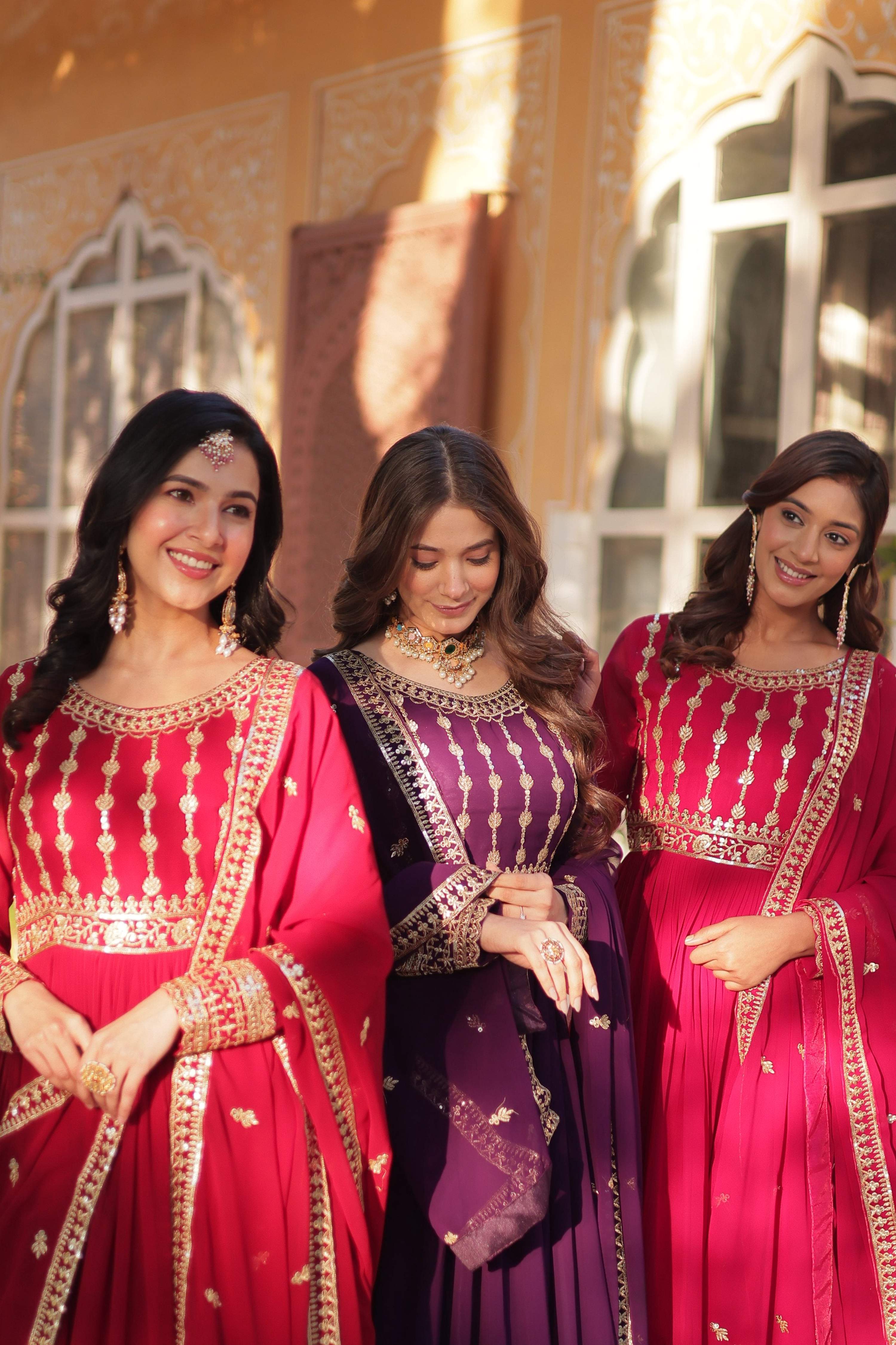 Maroon, Purple & Pink Sequins Embroidered Anarkali Set with Dupatta