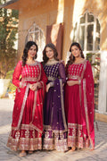 Maroon, Purple and Pink Anarkali set with sequins and zari embroidery and matching dupatta