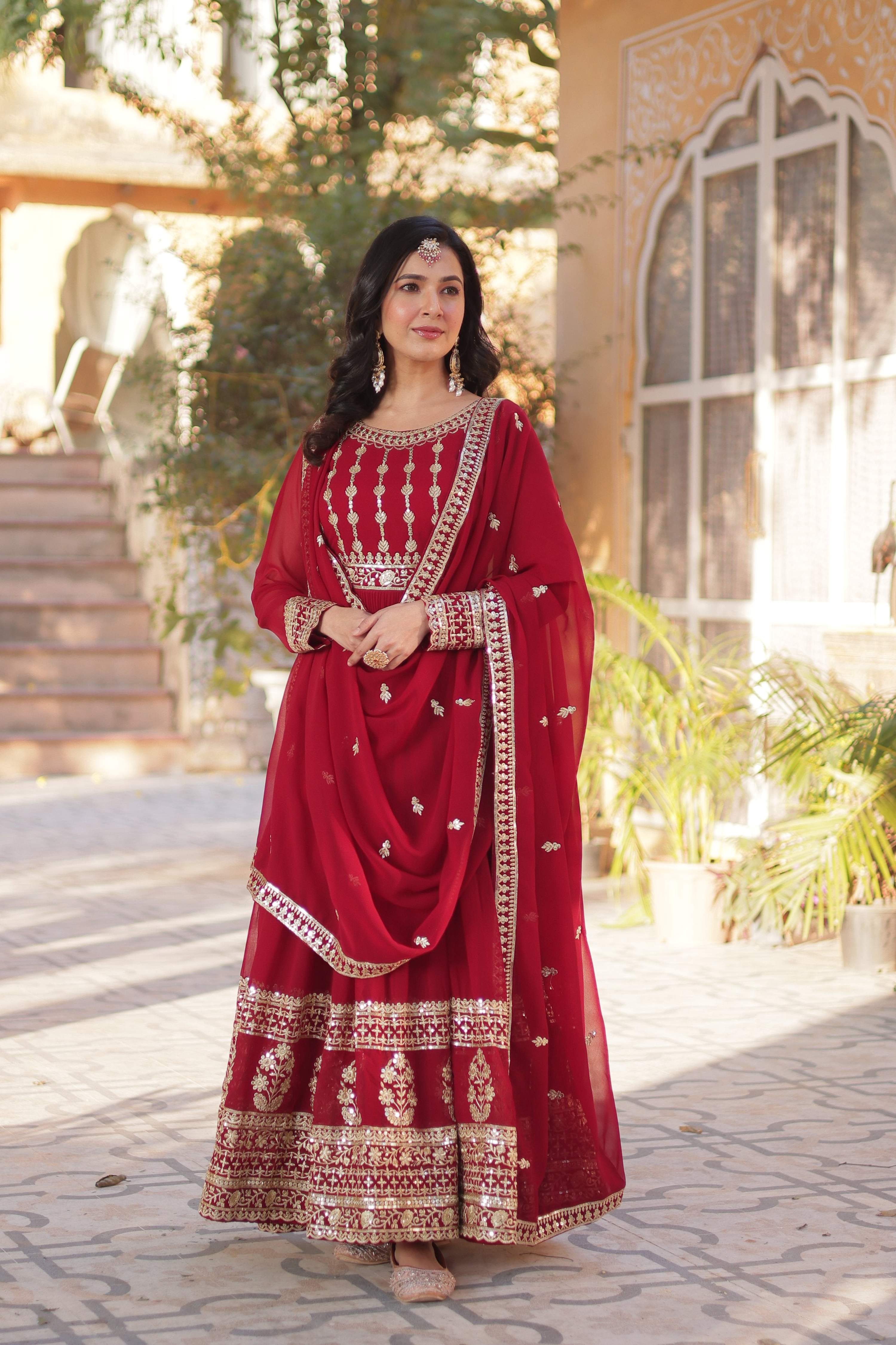 Jyoti Fashion Women's Maroon Faux Blooming Sequins Zari Embroidered Anarkali Set with Dupatta