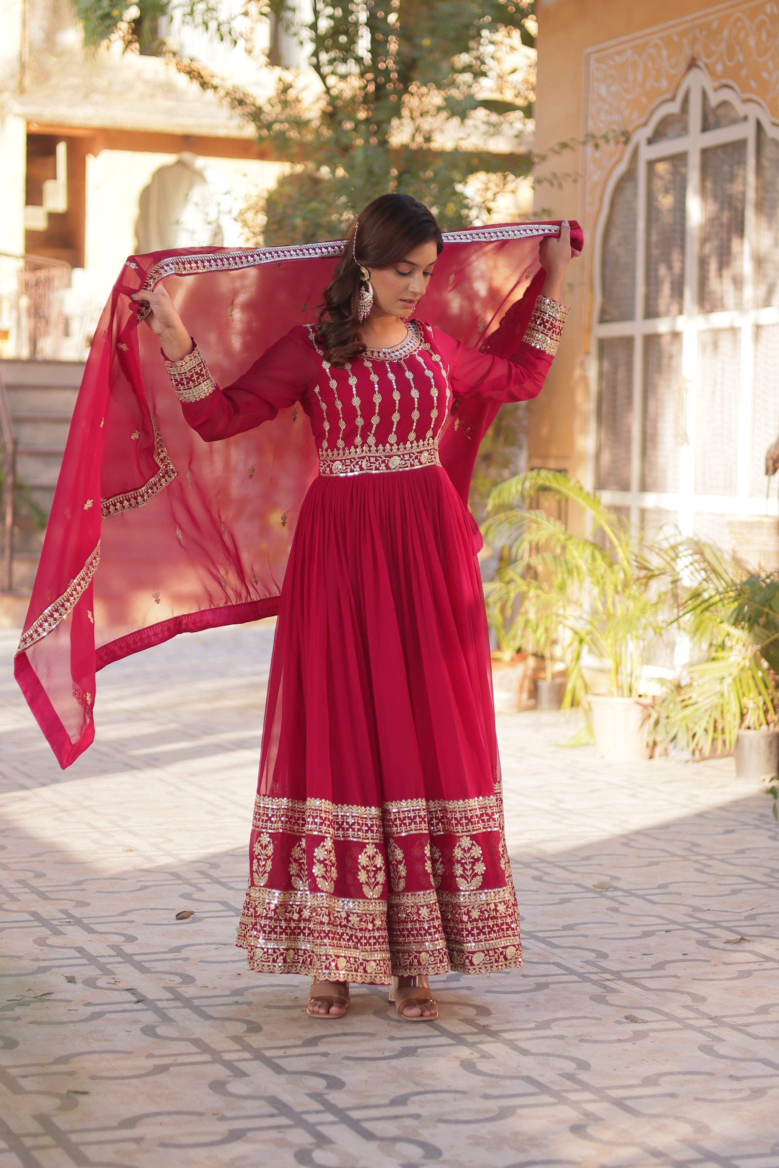 Jyoti Fashion Women's Pink Faux Blooming Sequins Zari Embroidered Anarkali Set with Dupatta