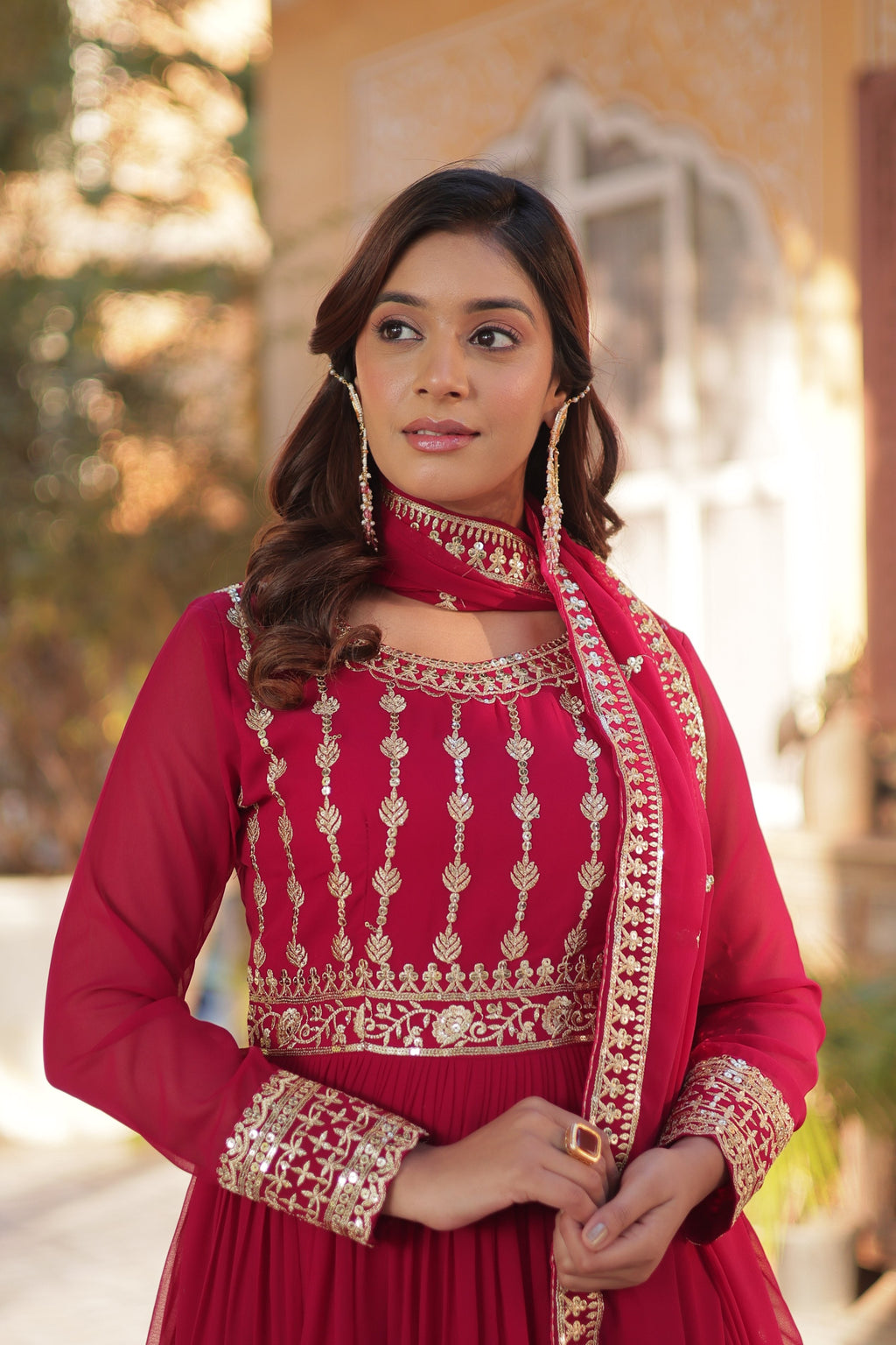 Jyoti Fashion Women's Pink Faux Blooming Sequins Zari Embroidered Anarkali Set with Dupatta
