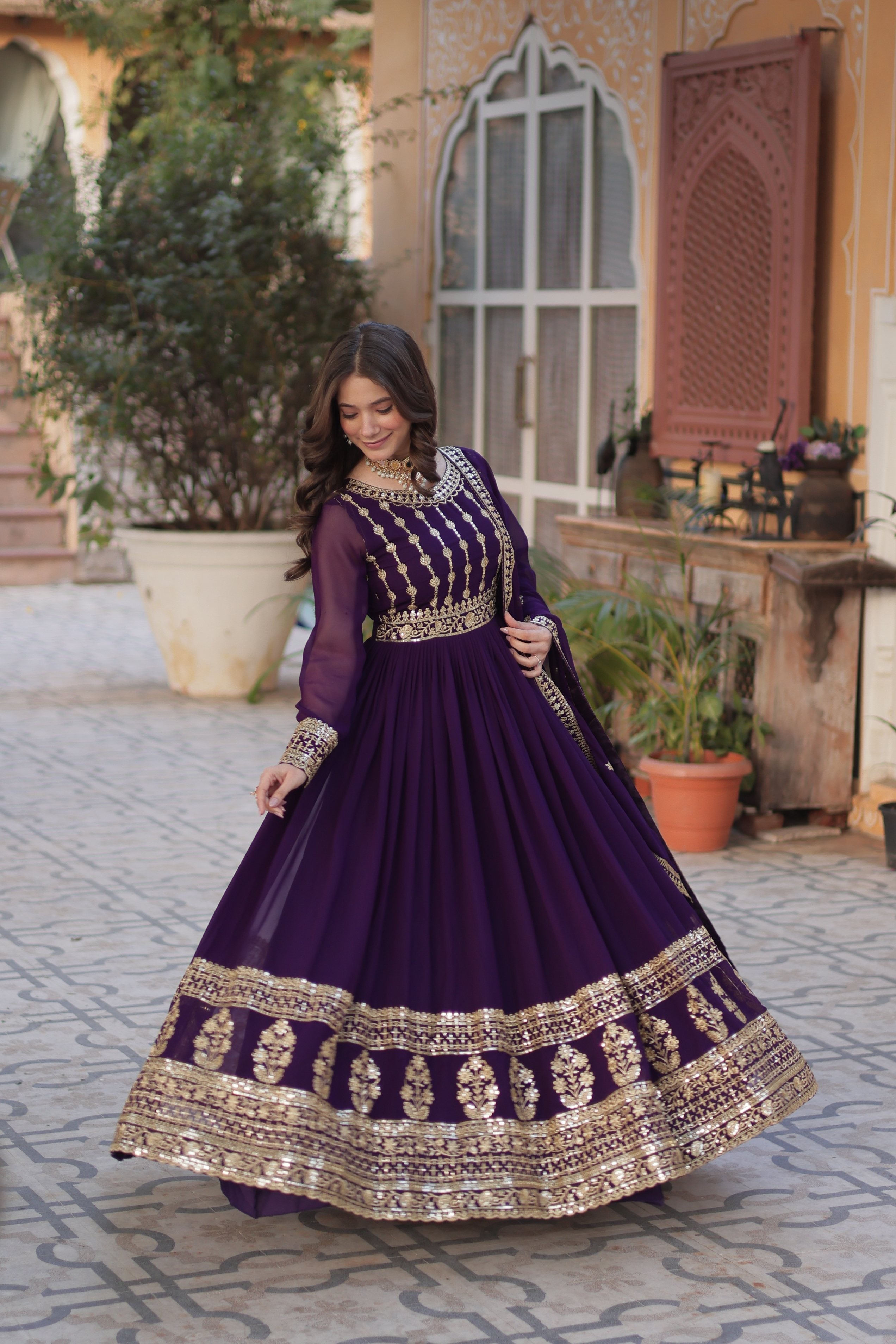 Purple Faux Blooming Sequins Zari Embroidered Anarkali Set