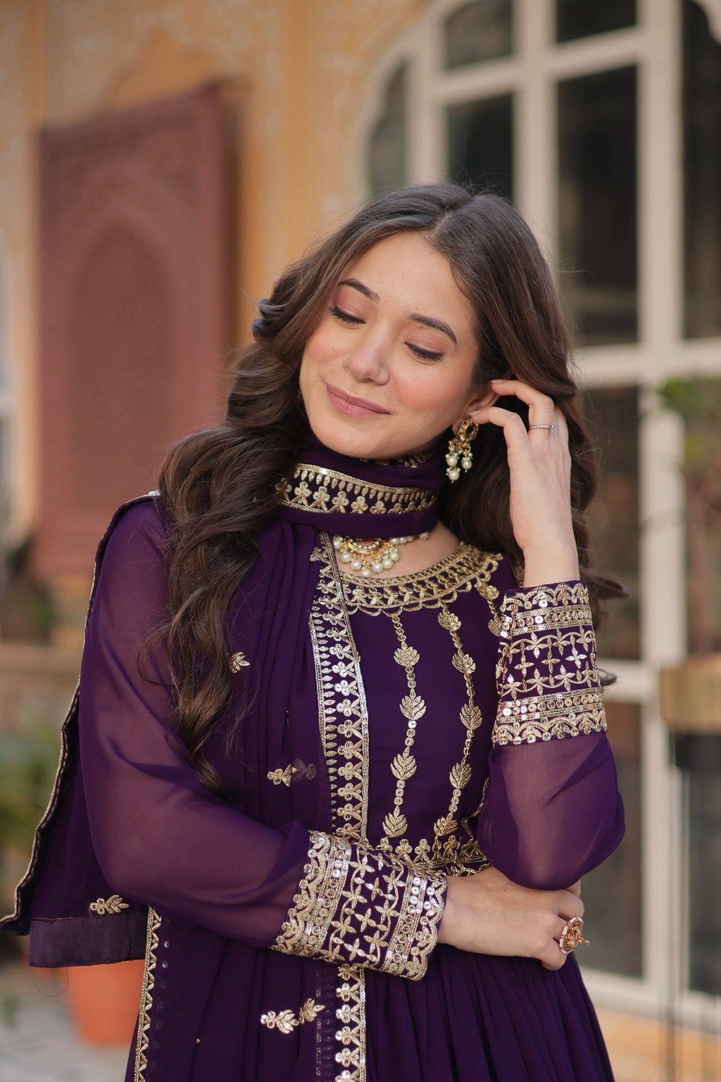 Purple Faux Blooming Sequins Zari Embroidered Anarkali Set
