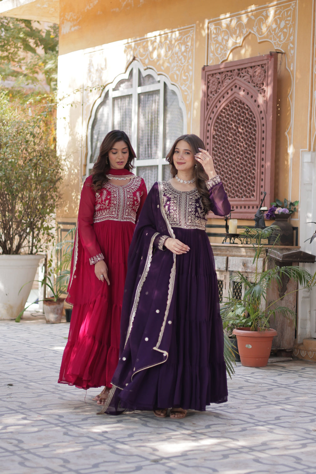 Women's Pink & Wine Faux Georgette Pearl Embroidered Anarkali Set